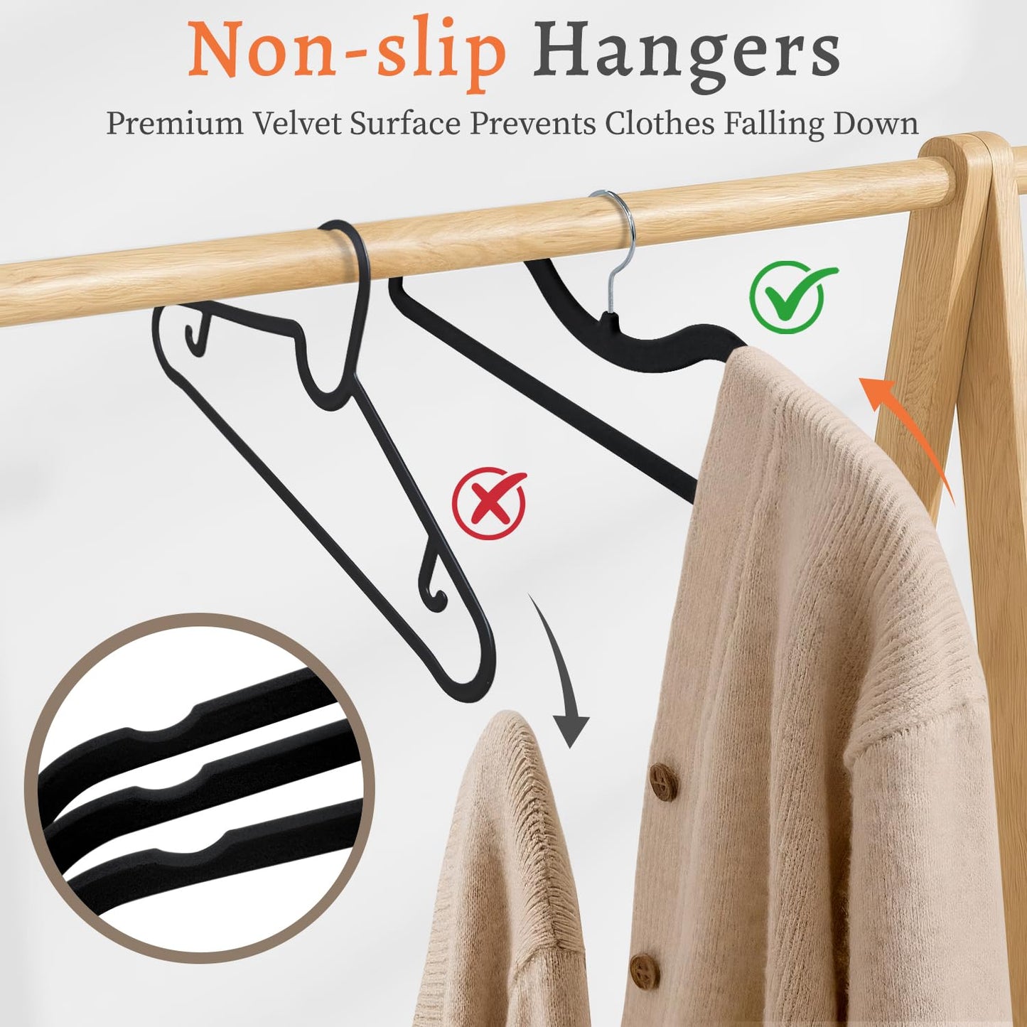 Velvet Hangers 50 Pack, Non Slip Clothes Hangers, Space Saving Short Neck Hangers, Heavy Duty Felt Hangers with 360° Rotatable Hook for Coats, Pants, Dress, Shirt, Black