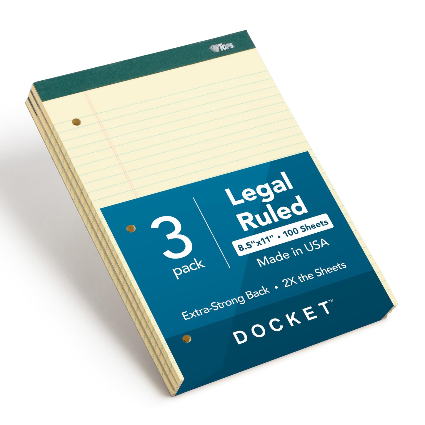 TOPS Docket Notepads, 8.5" x 11.75", Canary Legal Rule, 3-Hole Punched, 100 Sheets per Pad, 3-Pack of Thick-Backed Writing Pads for Meetings and Notes
