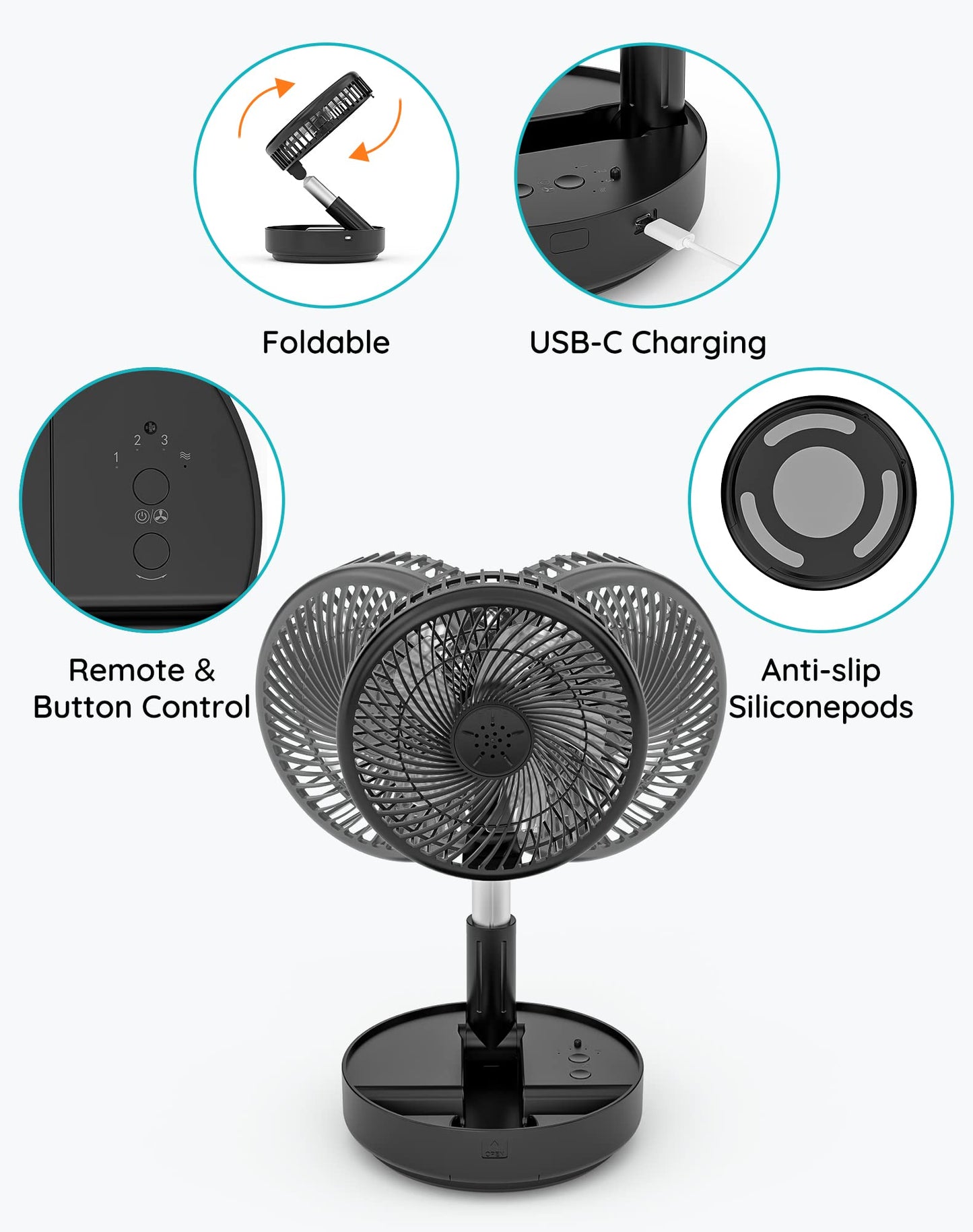 Primevolve Portable Rechargeable Oscillating Fan, Battery Operated USB Floor Table Desk Fan with Remote, Adjustable Height, 4 Speed Settings Fans for Bedroom, Black 8"