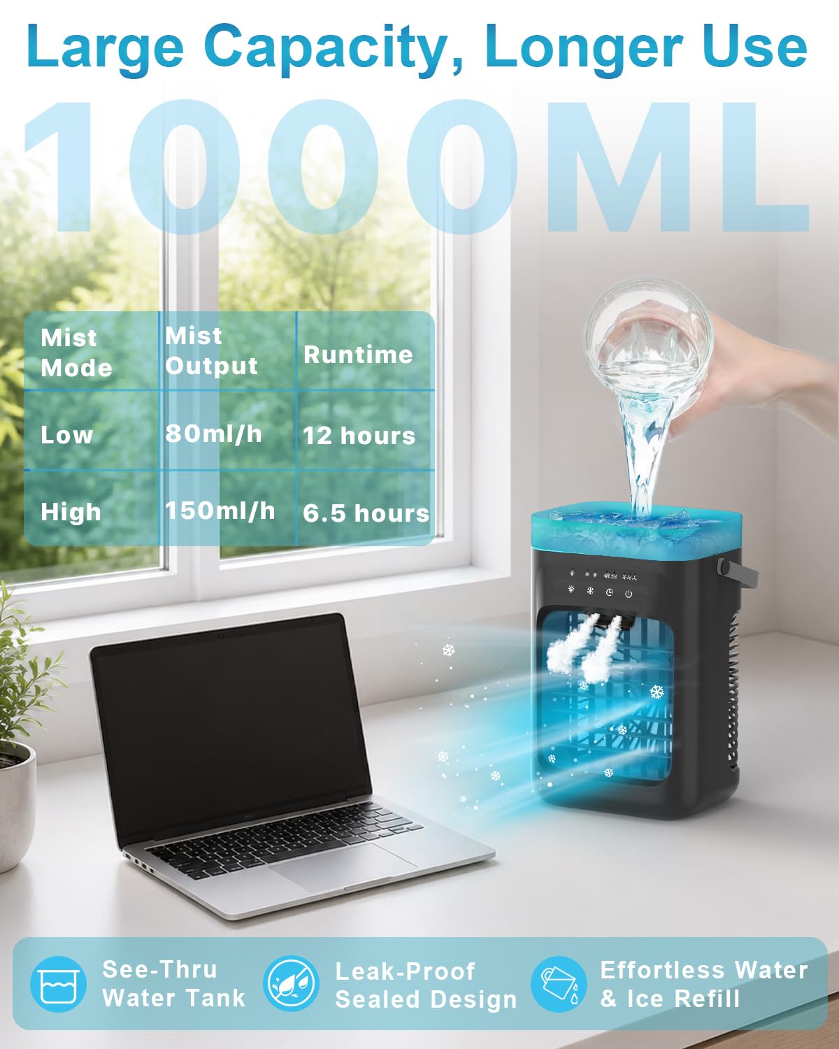 Portable Air Conditioner, 4-in-1 Evaporative Air Cooler, Personal Cooling Fan with 3 Speeds, 2 Mist Modes, 7 LED Night Light, 2-4H Timer