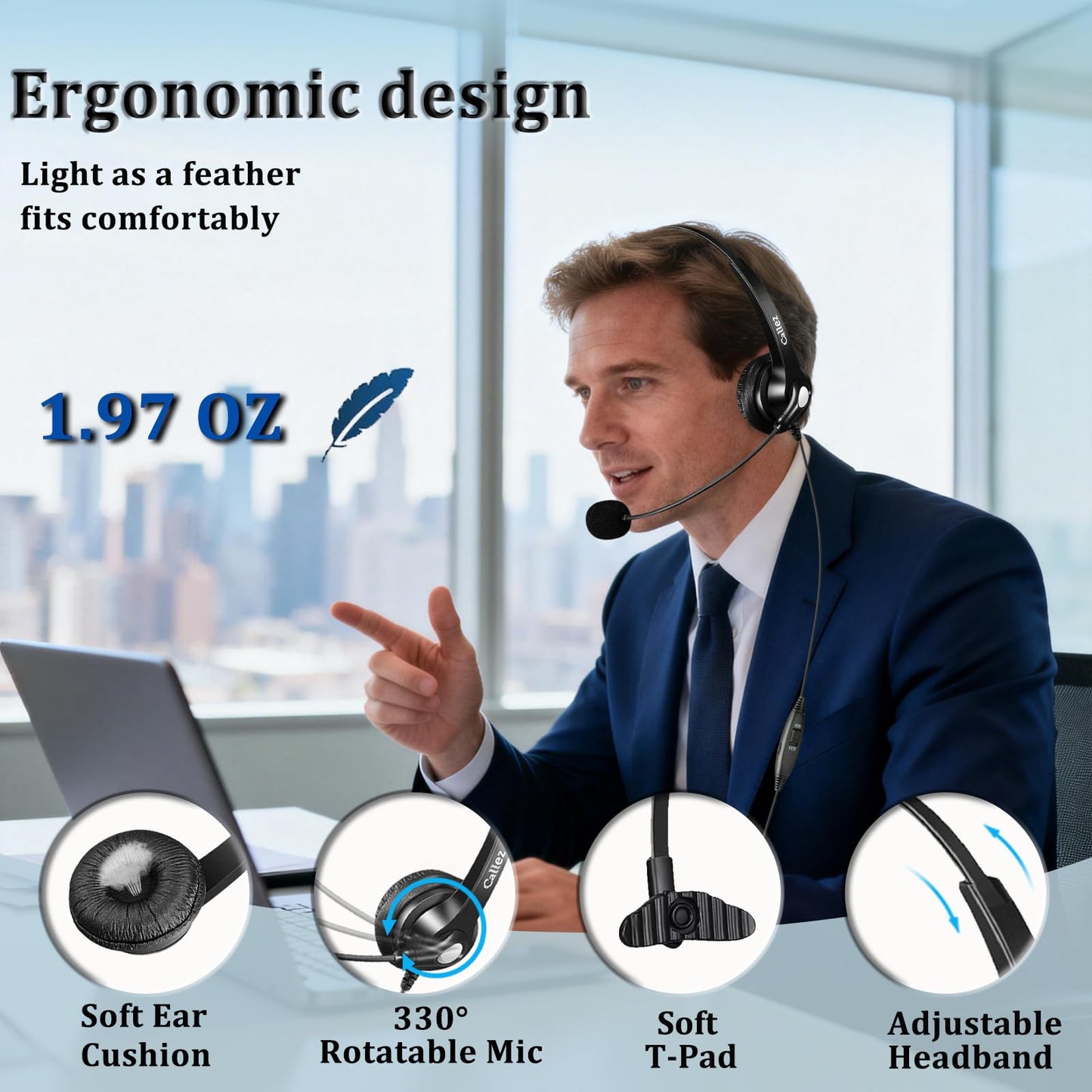 Callez RJ9 Telephone Headset with Noise Cancelling Mic & Volume Controls, Mono Phone Headset for Office Compatible with Polycom VVX250 VVX400 VVX410 VVX411 VVX311 VVX500 VVX601 Landline Phones
