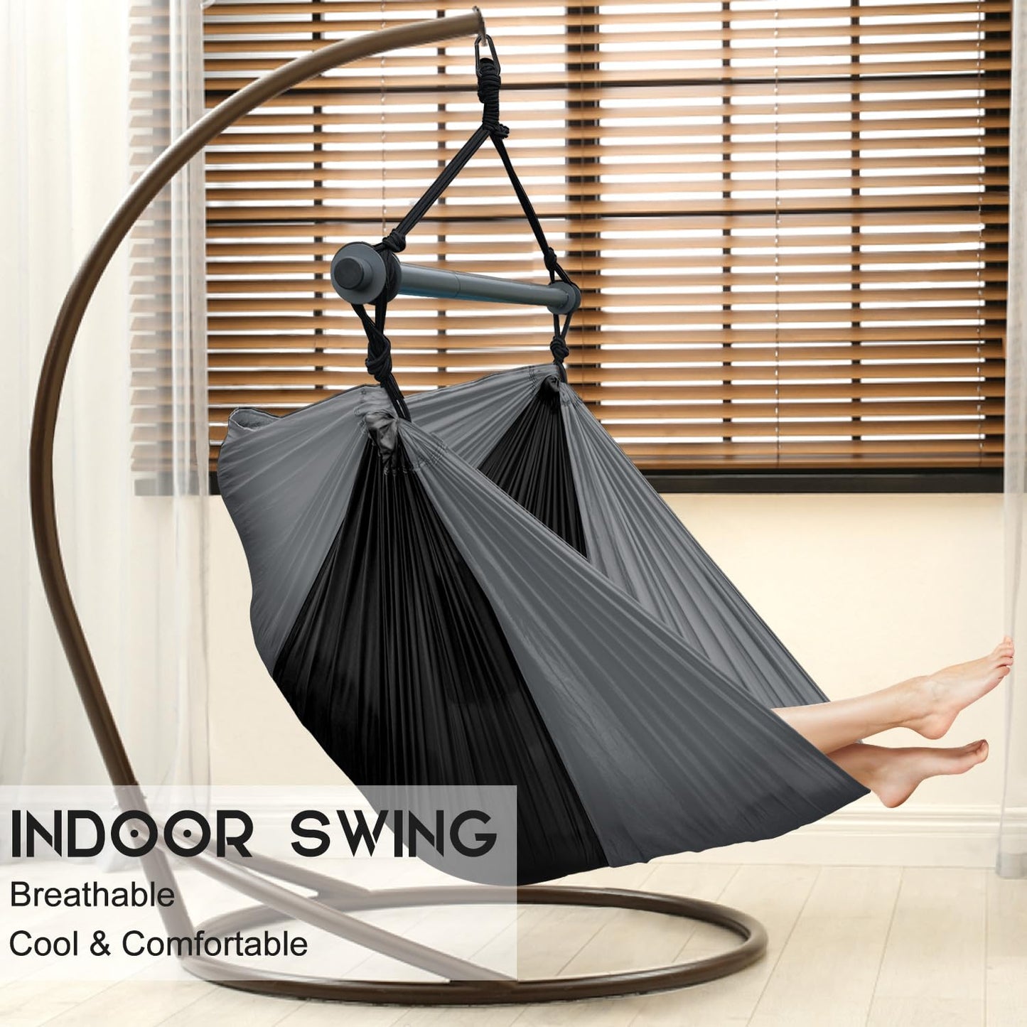 Hammock Chair Swing Chair, Hanging Chair for Outdoor Indoor, Large Lightweight Swing Chair for Adults, Portable Hammock Chair for Camping (Black, Gray)