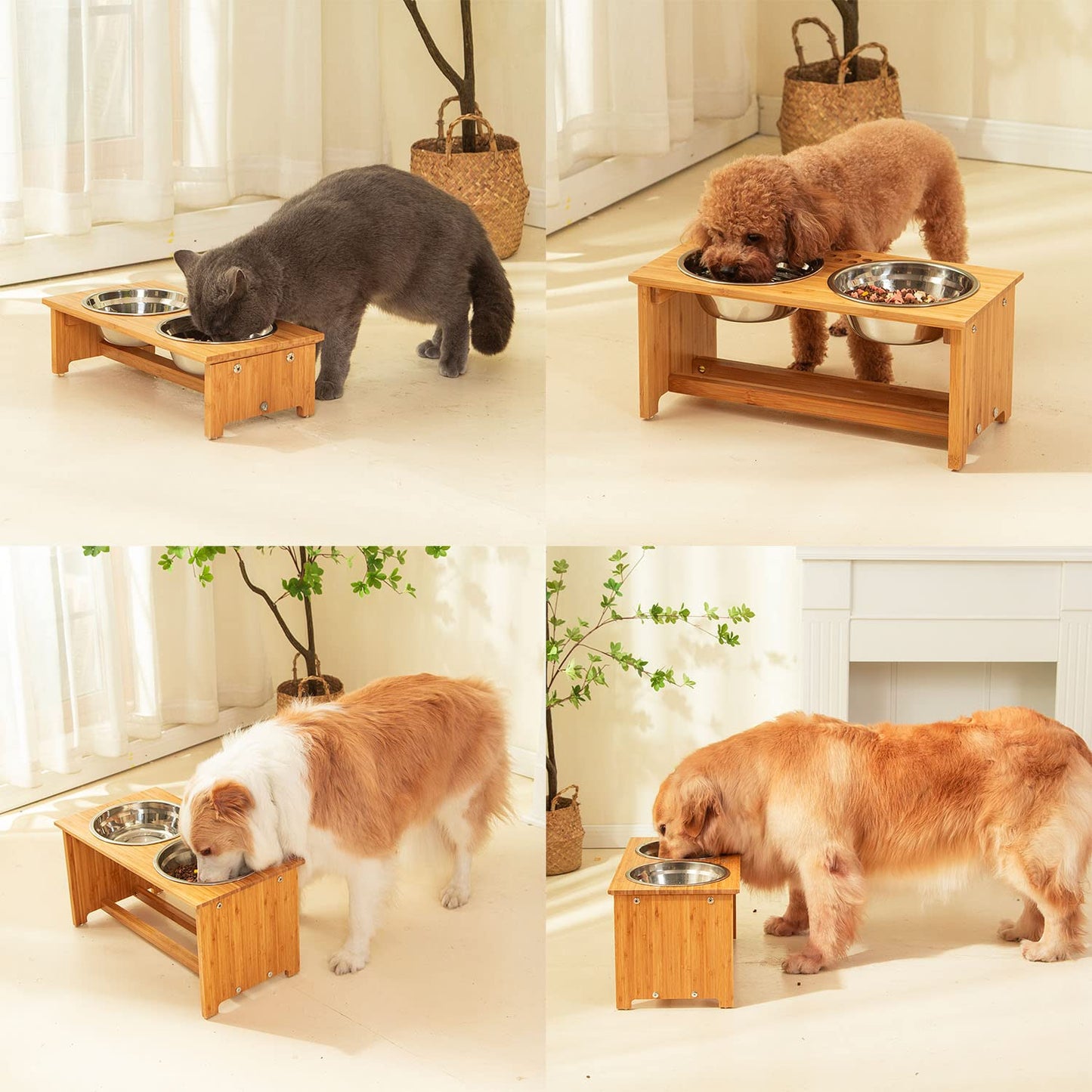 FOREYY Raised Pet Bowls for Cats and Small Dogs, Bamboo Elevated Dog Cat Food and Water Bowls Stand Feeder with 2 Stainless Steel Bowls and Anti Slip Feet (M(7''Tall-30 oz Bowl))