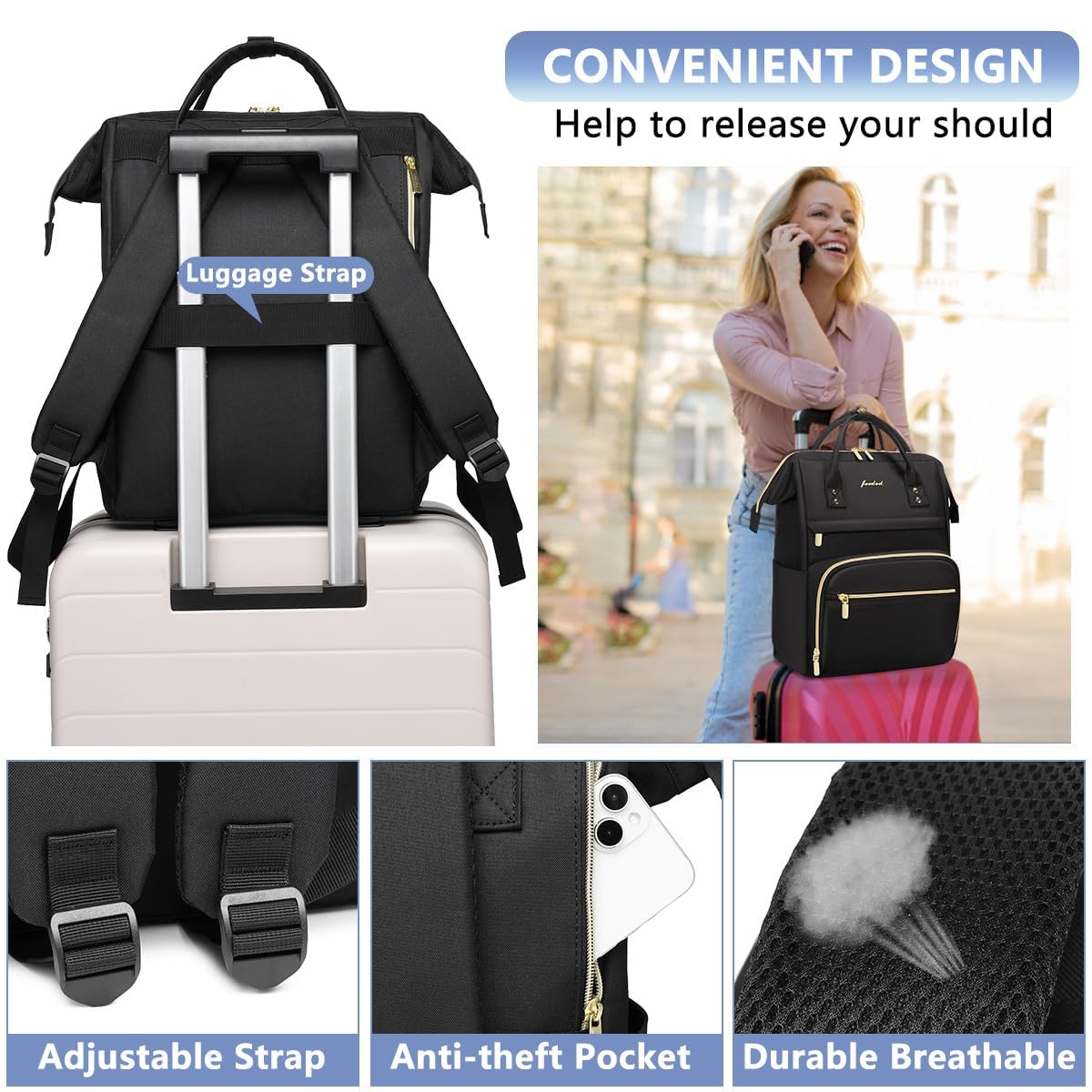 Women Laptop Backpack Teacher Bags: 17.3 Inch Nurse Computer Backpack with USB Port Work Bag Stylish Travel Daypack Bookbag Waterproof for Business Woman Gifts BLACK