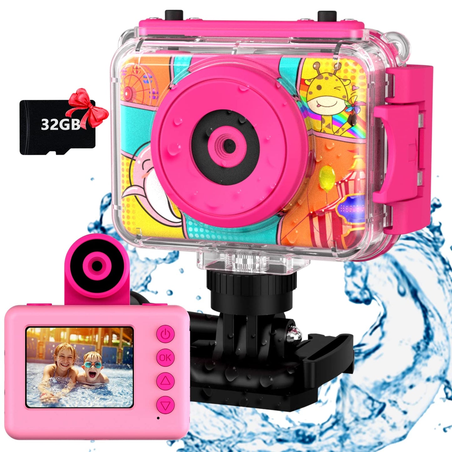 CHAKEYAKE Kids Digital Camera, 1080P HD Kids Waterproof Camera with Flip Len, Children Underwater Sport Action Camera for Outdoor Helmet with SD Card 32GB, Kids Birthday Gift for 3-12 Years Old Girls