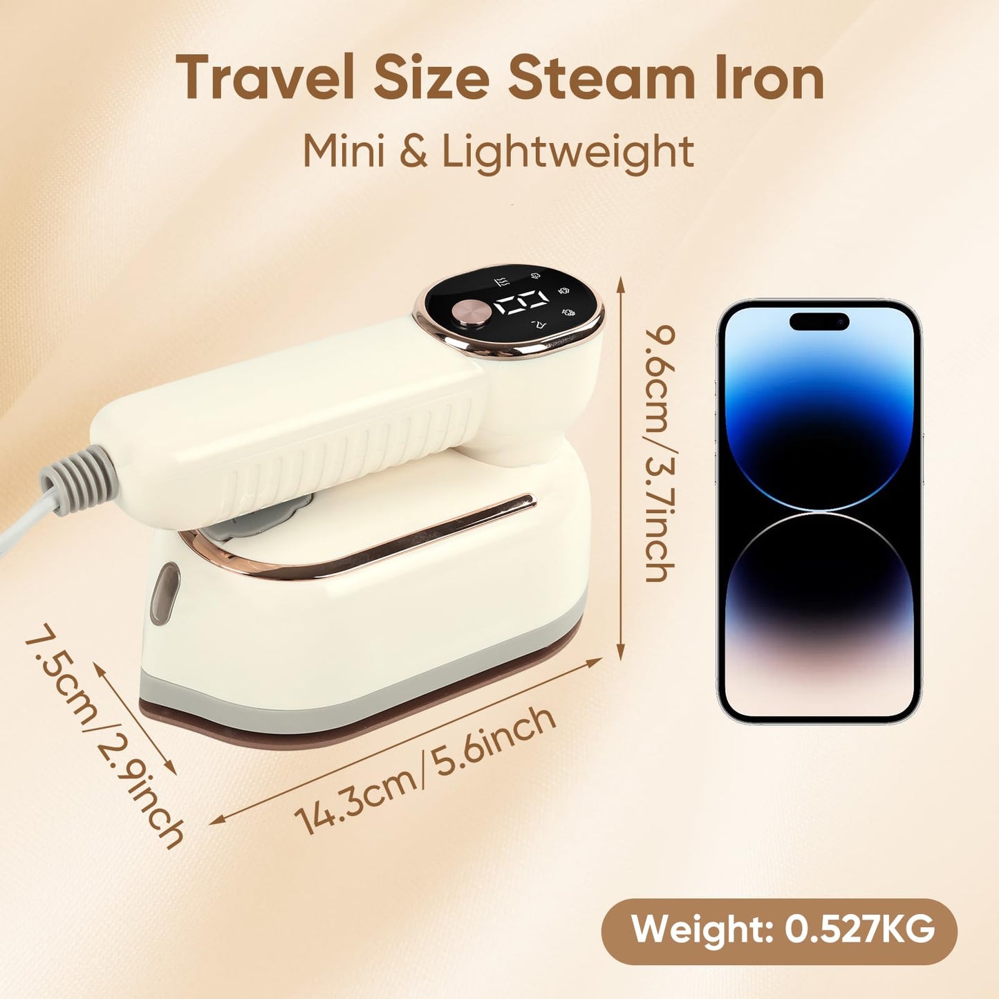 1200W Portable Iron Steamer Clothes - LED Display & 3+1 Level Steam, Small Hand Held Steamer with 130ml Tank, Travel Size Iron with Ironing Glove, Dorm Essential, Off White(110V Only, Not for Europe)