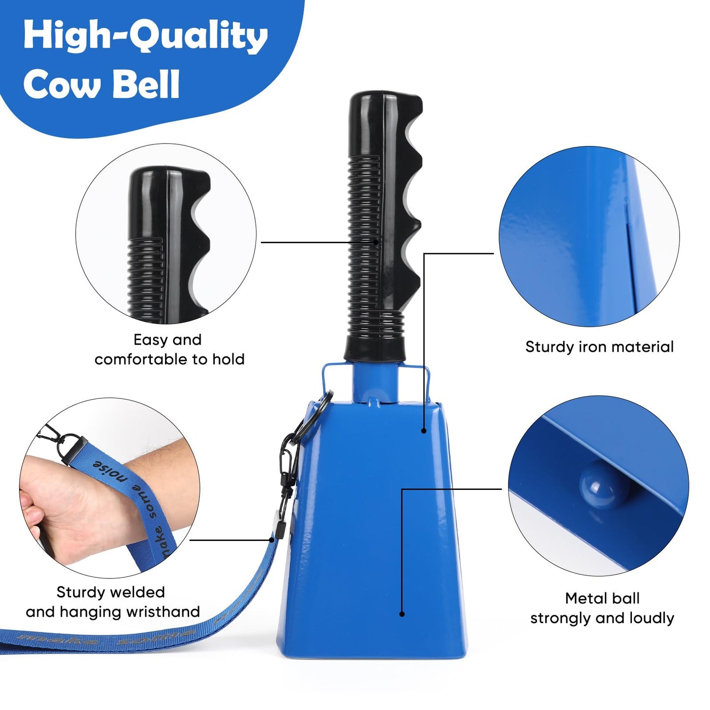 Cow Bells Noise Makers with Handle: Cowbells Hand Percussion for Sporting Events with Wrist Strap - 2pcs 8 Inch Large Loud Cheering Bell for Football Games Graduation (Blue)
