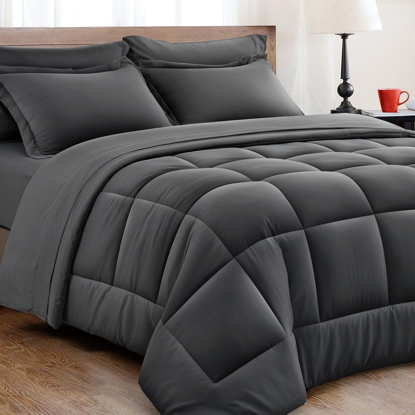 KELTARO King Size Comforter Set - 7 Pieces, Bed in a Bag Bedding Sets with All Season Soft Quilted Fluffy Reversible Comforter,Flat Sheet,Fitted Sheet,2 Pillow Shams,2 Pillowcases,Dark Grey