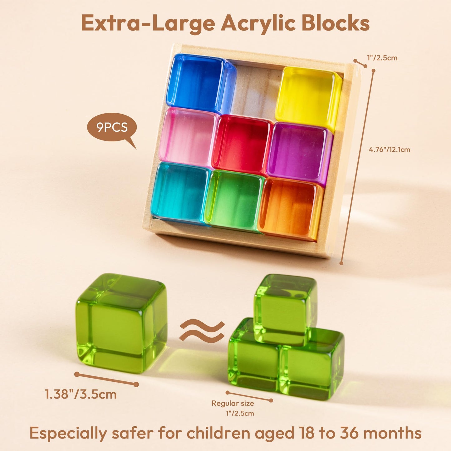 Woodtoe Large Building Blocks for Toddlers, 18 Month Old Toys, Montessori Toys for 1.5 2 3 4 Year Old Boys Girls, Big Rainbow Acrylic Blocks Set, Educational Toy STEM Sensory Gifts for Kids Age 2-4