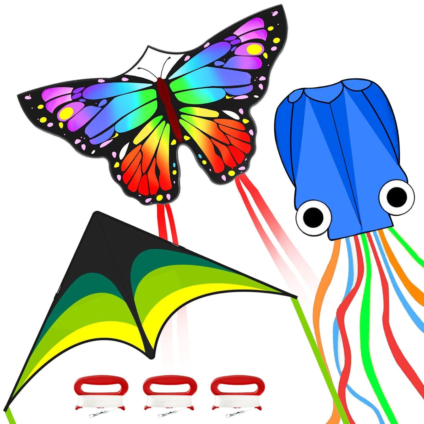 Kaiciuss Kites for Kids & Adults, Kites Set for Beginners and Teens, Easy to Fly for Beach, Perfect for Outdoor Activities (3 Pack-Rainbow Butterfly, Green Delta, and Blue Octopus)