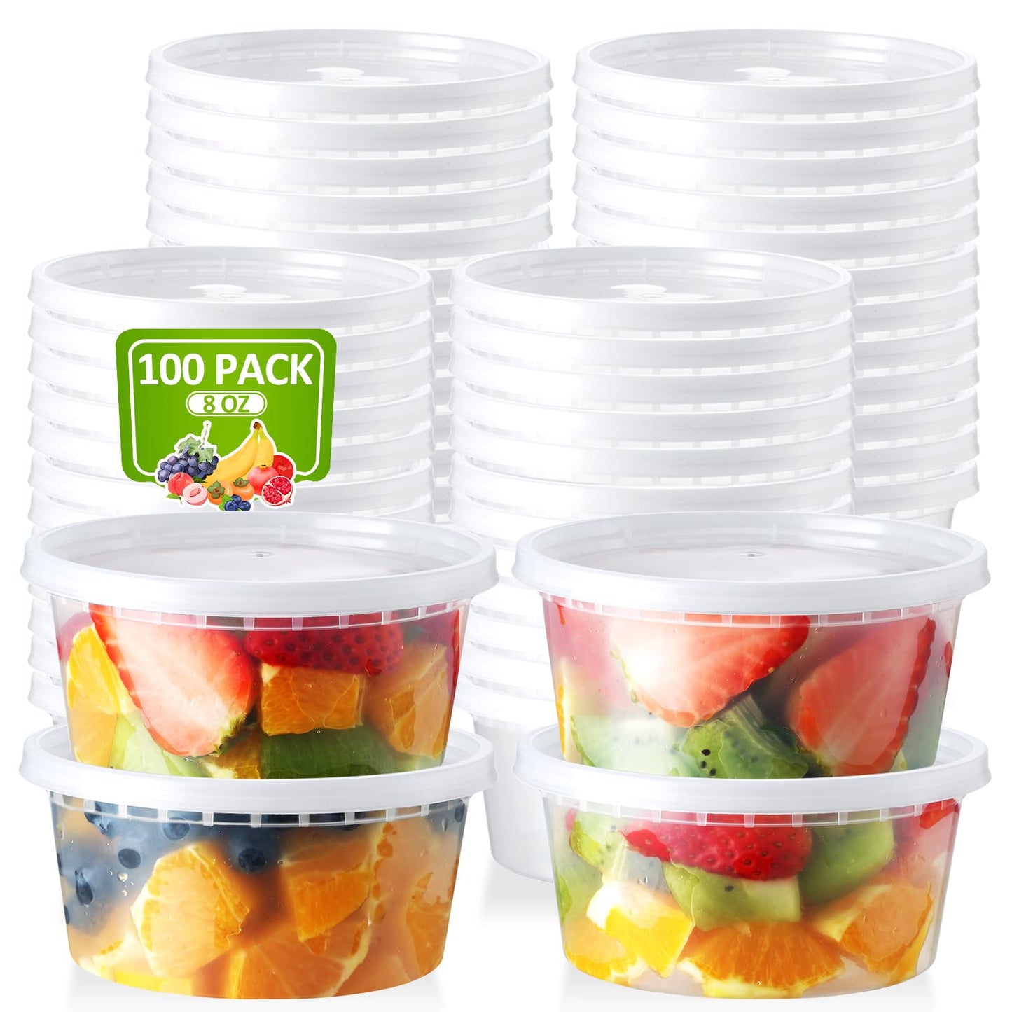 NEEBAKE 100 Set 8oz Deli-Containers-with-Lids-Airtight-Food-Storage-Containers-Plastic-Storage-Containers-with-Lids-Soup-Slime-Overnight-Oat-To-Go-Containers, Microwaveable & Freezer Safe