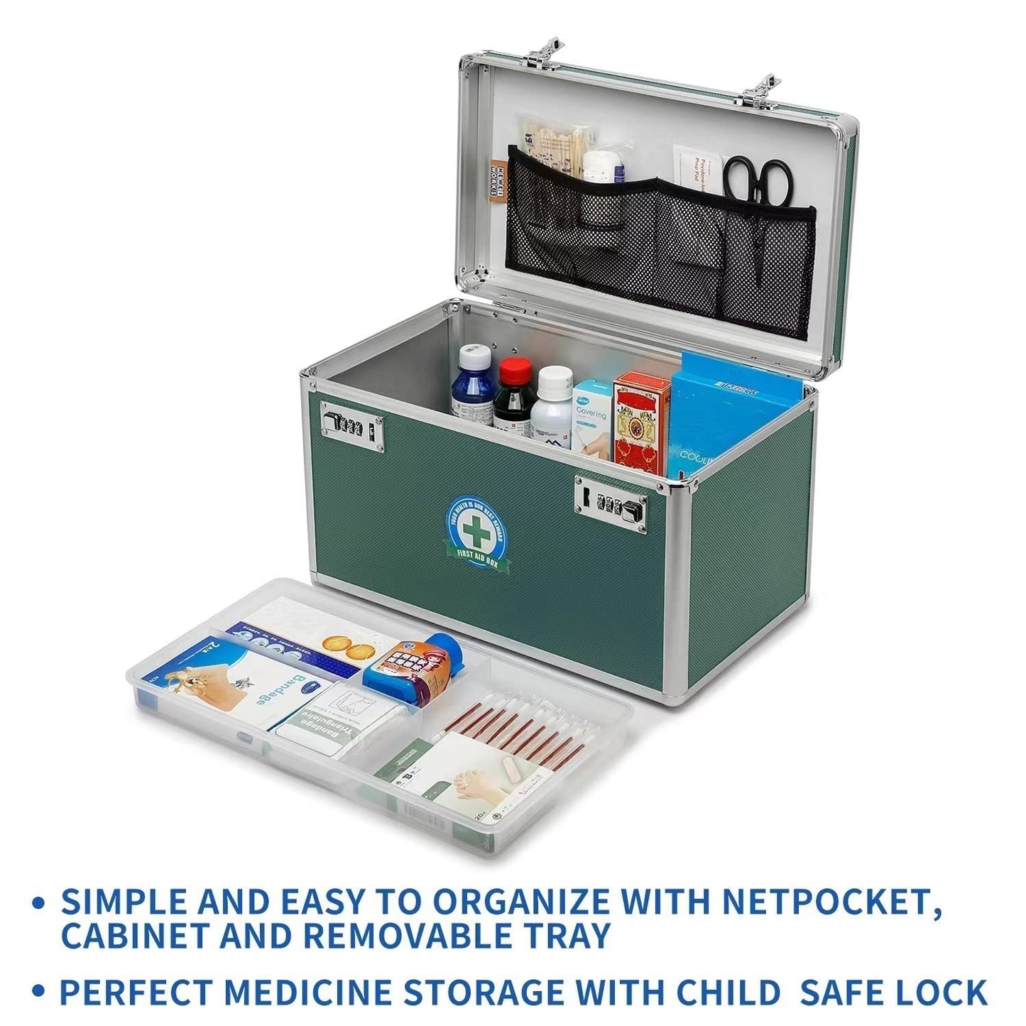 Large capacity Locking Box, Lockable Medication Box with Portable Storage Case, 38x 22x 24cm, Childproof Medicine Lock Organizer, Locked Empty First Aid Storage Case (GREEN)