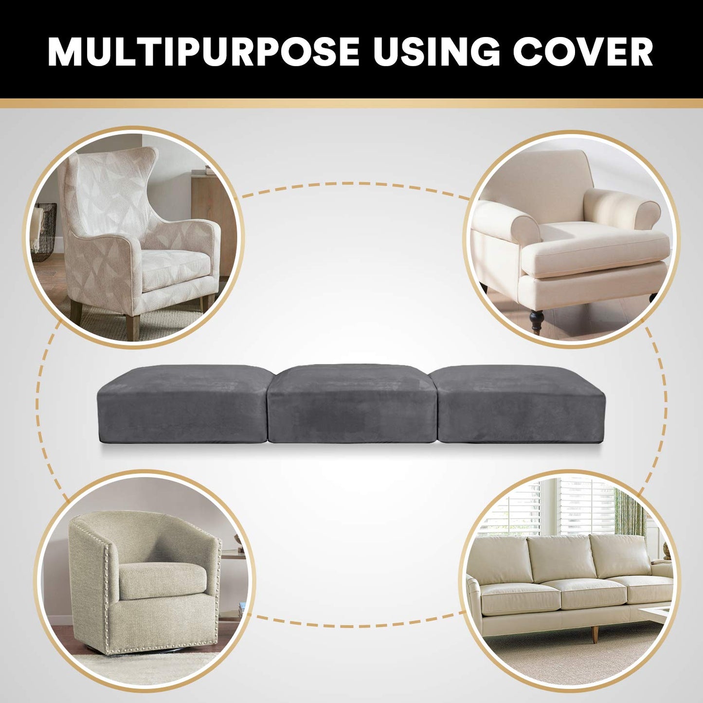 Stretch Velvet Couch Cushion Covers for Individual Cushions Sofa Cushion Covers Seat Cushion Covers, Thicker Bouncy with Elastic Edge Cover up to 10 Inch Thickness Cushions (3 pieces, Grey)