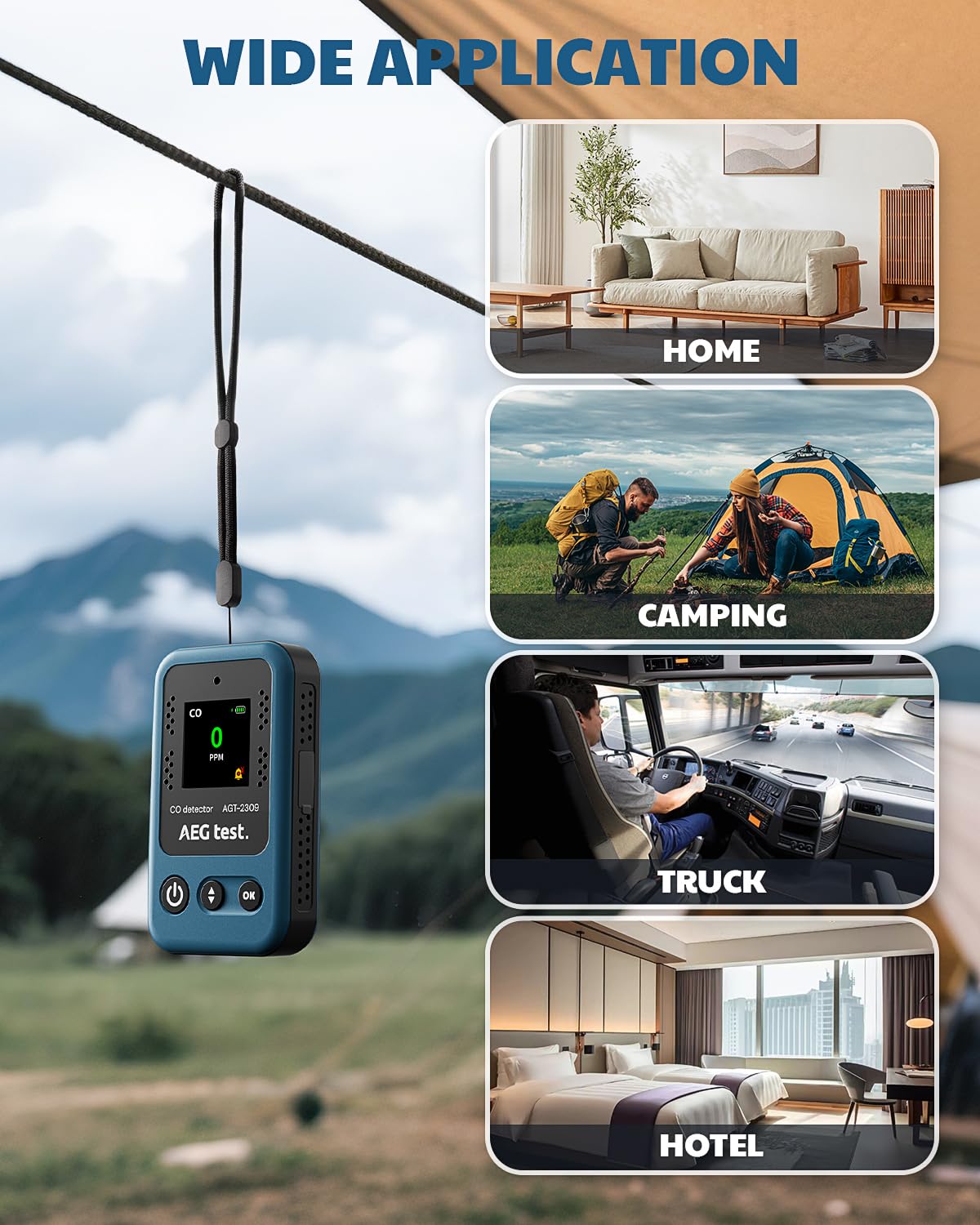 AEGTEST AGT-2309 Portable Carbon Monoxide Detector, 15-Day Standby, Rechargeable Mini CO Monitor with Lanyard for Travel & Camping, Handheld CO Meter with Audible & Visual Alerts, 0-1000ppm - Blue