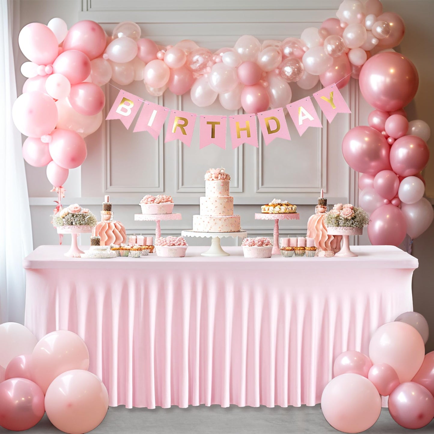 2 Packs Pink Table Clothes for 6 Foot Rectangle Tables, One-Piece Wrinkle Resistant Stretch Spandex Table Covers with Skirt for Event Banquet Wedding Birthday Party