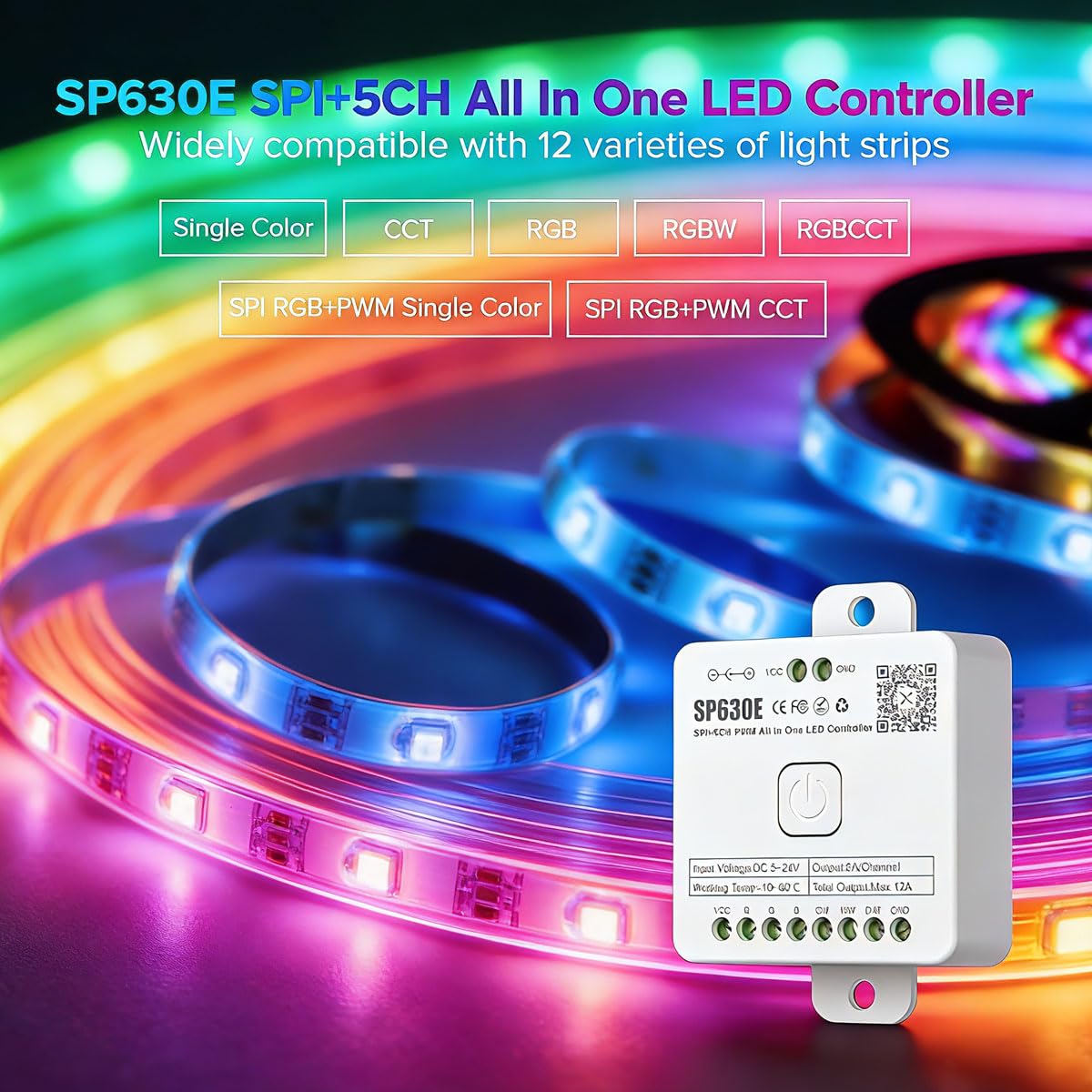 UCHARGE SP630E Bluetooth LED Controller Kit with RB3 RF Remote, 4 Zones App Control DC5V-24V for COB FCOB RGB RGBW Addressable LED Strip WS2812B WS2815 SK6812, Music Sync Smart Lighting