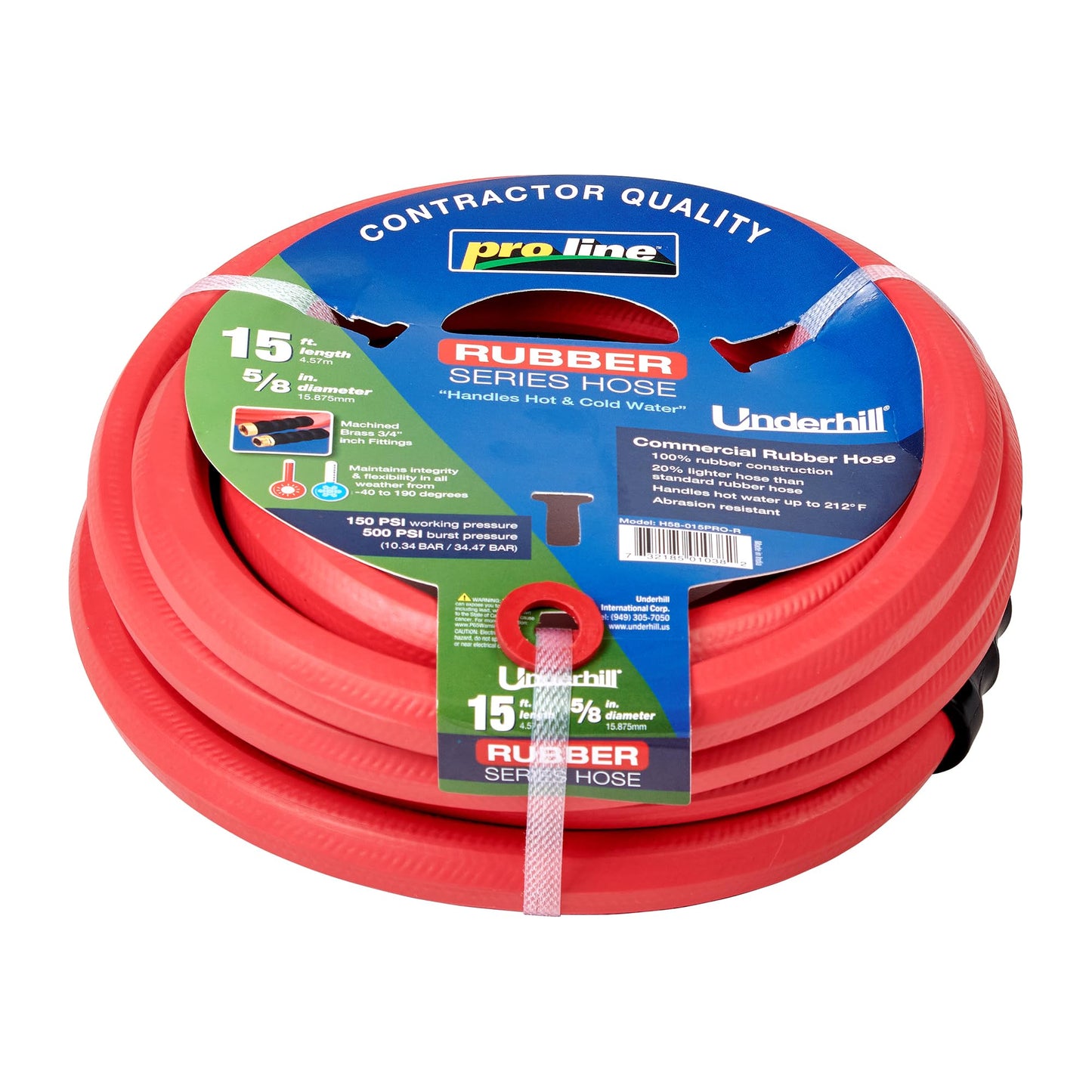 Underhill Proline Rubber Series Heavy-Duty Garden Hose for Hot or Cold Water, Lightweight, 500 PSI BP, 150 PSI WP, H58-015PRO-R 5/8 Inch x 15 ft Red