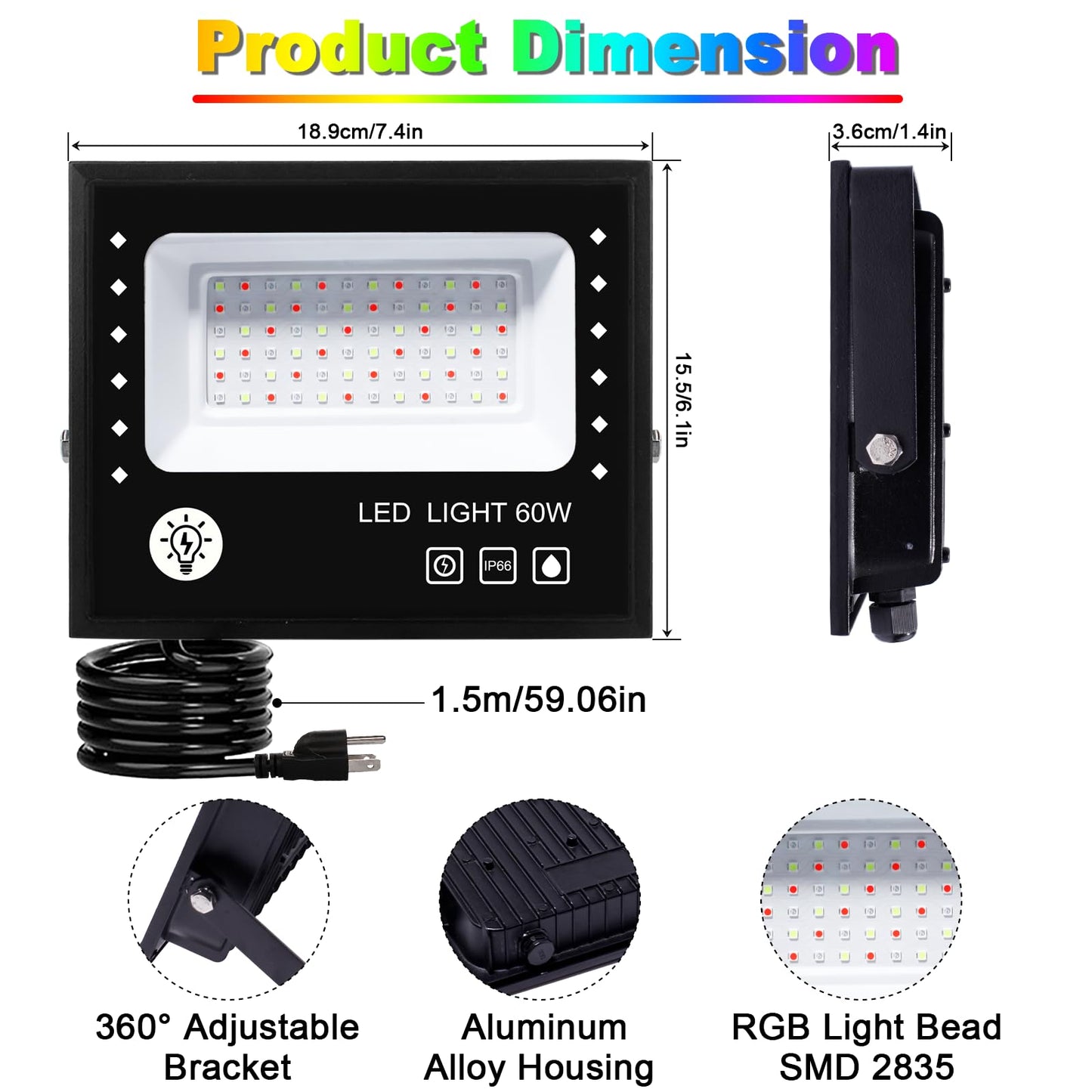 2 Pack LED Flood Light Outdoor 60W Equivalent 6000LM RGB Floodlight with APP Control, DIY Scenes, Timing, Music Sync, IP66 Waterproof Outdoor Lights