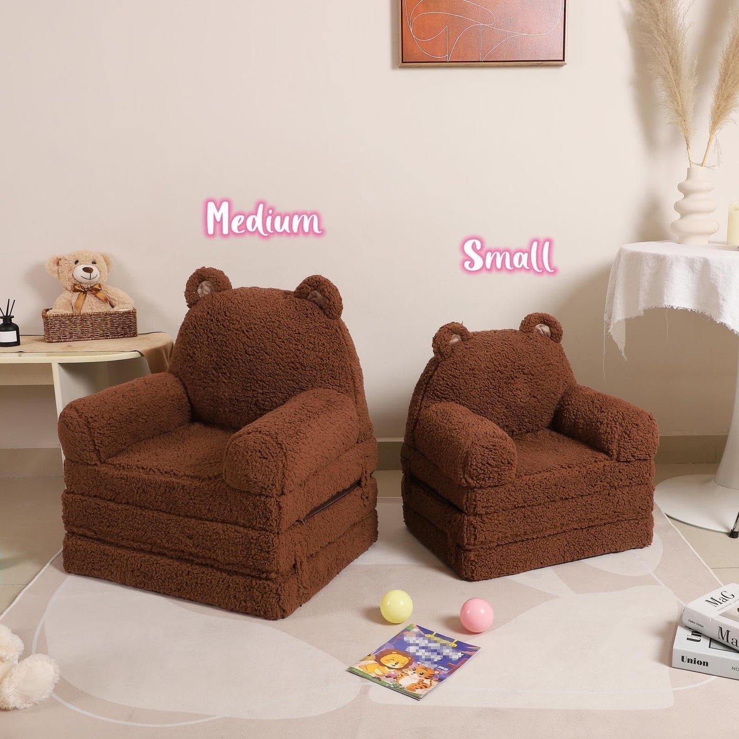 MOMCAYWEX Kids Sofa, Sherpa Couch with Tri-Layer Foam Cushions, Comfy Seating for Kids, Medium, Brown