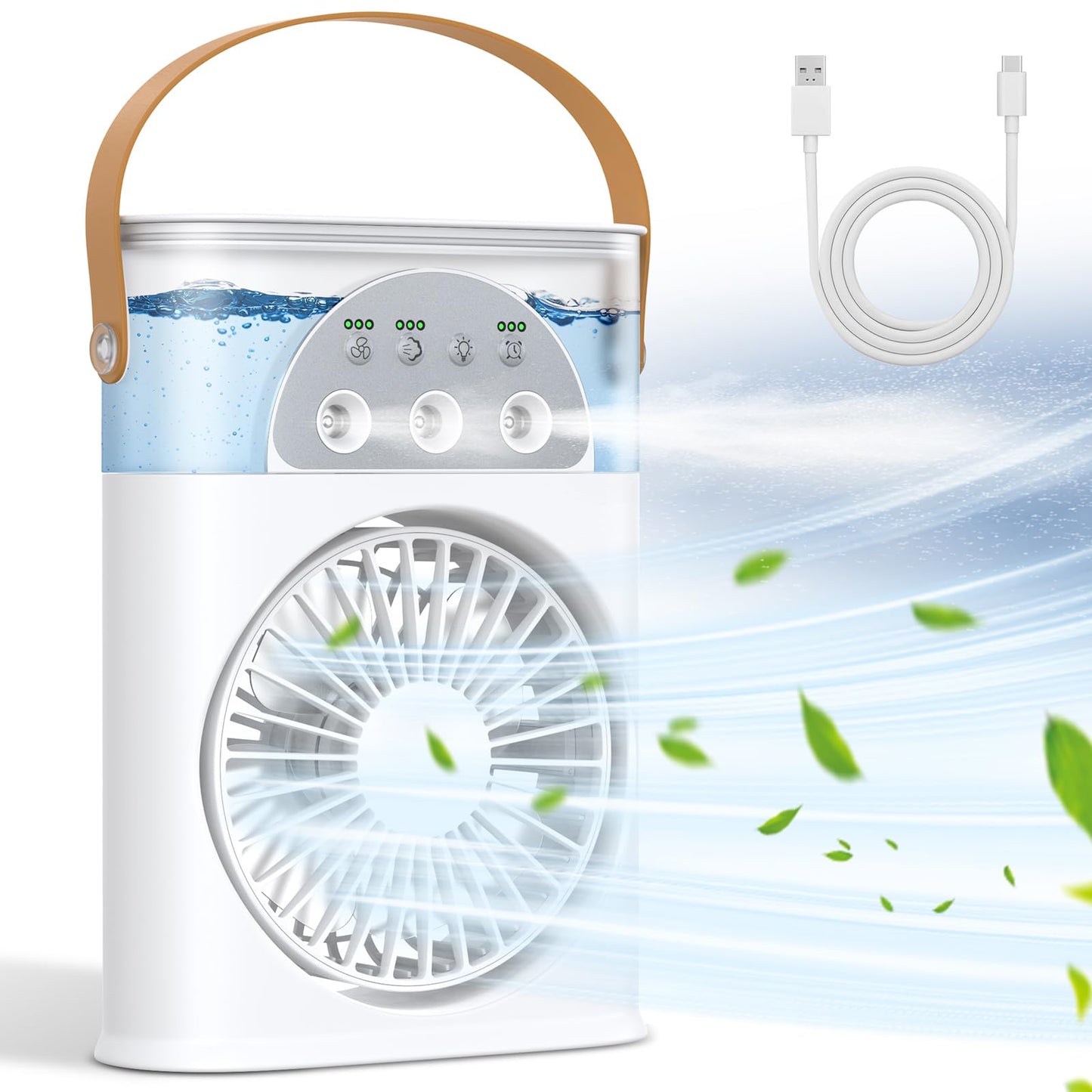 Portable Air Conditioner Cooling Fan, Rechargeable Mini Evaporative Personal Air Cooler Fan with 3 Speeds and 2 Spray, 1/2/3H Timer, 7 Night Light, for Room Bedroom, Office, Desk