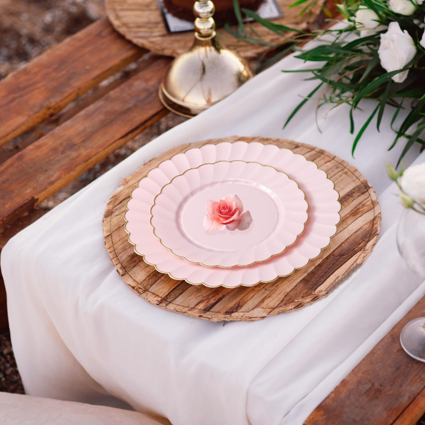 mwellewm 50 Pcs Pink Scalloped Plastic Plates Disposable Party Plates with Gold Rim 25pcs Fancy Decorative Dinner Plates 10" 25pcs Heavy Duty Dessert Plates 7.5" Perfect for Wedding Baby Shower