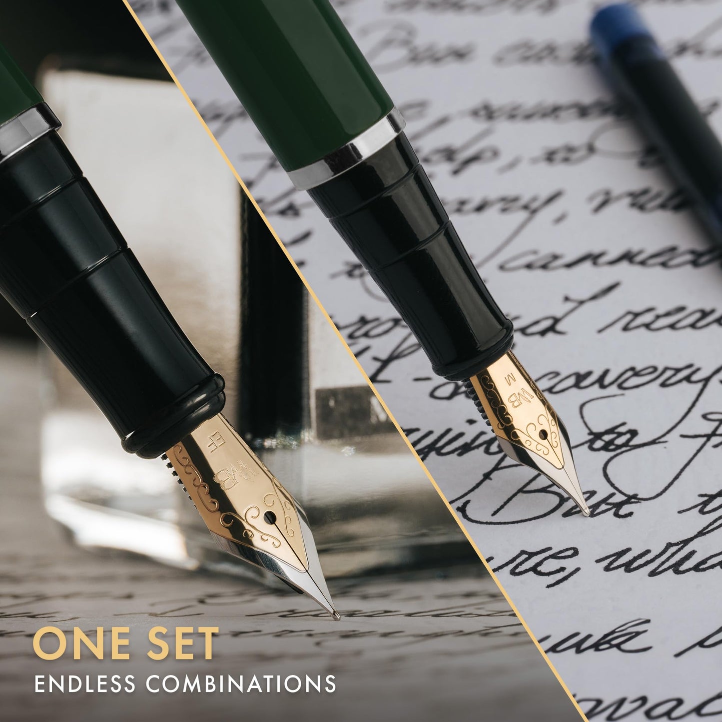 Wordsworth & Black Fountain Pen Set,18K Gilded Medium and Extra Fine Nib,25ML Black Ink Bottle,6 Ink Cartridges,Refill Converter,Gift Box,Smooth Writing Pens [Green Chrome],Gift Set for Men and Women