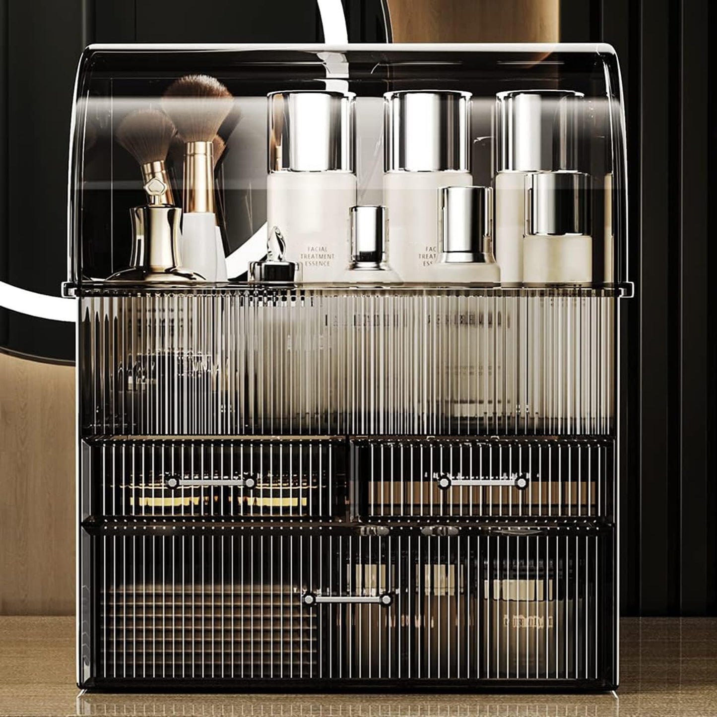 Rusunde Cosmetic Storage Organizer, X-Large Acrylic Clear Cosmetics Storage Display Case with Drawers, Perfume Makeup Organizer Box with Water Proof Cover for Counter, Bathroom, Dresser(Black-XL)