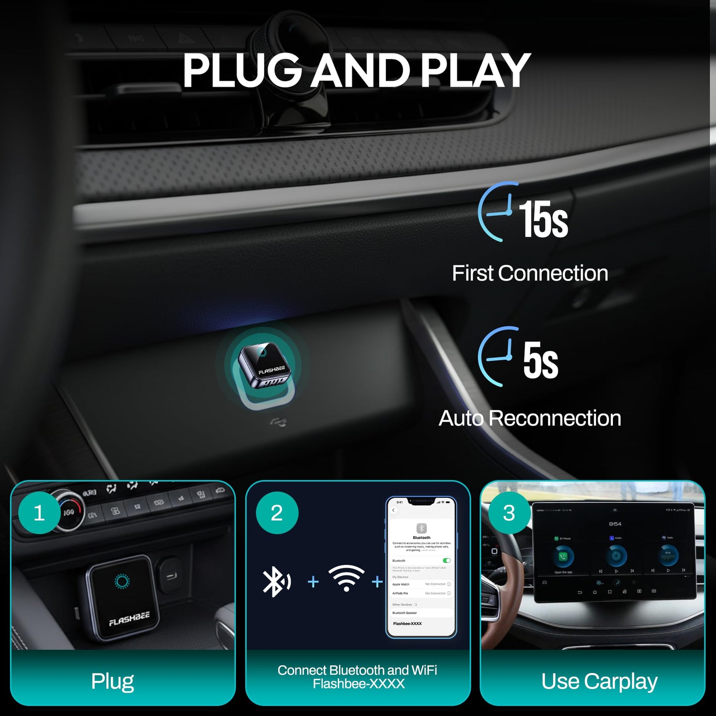 FLASHBEE 2026 [2-in-1] Latest Wireless CarPlay & Android Auto Adapter, Converts Wired to Wireless, Fast Auto-Reconnect, Dual-Band 5GHz WiFi + Bluetooth 5.3, USB-A & USB-C Compatibile, Mini Design