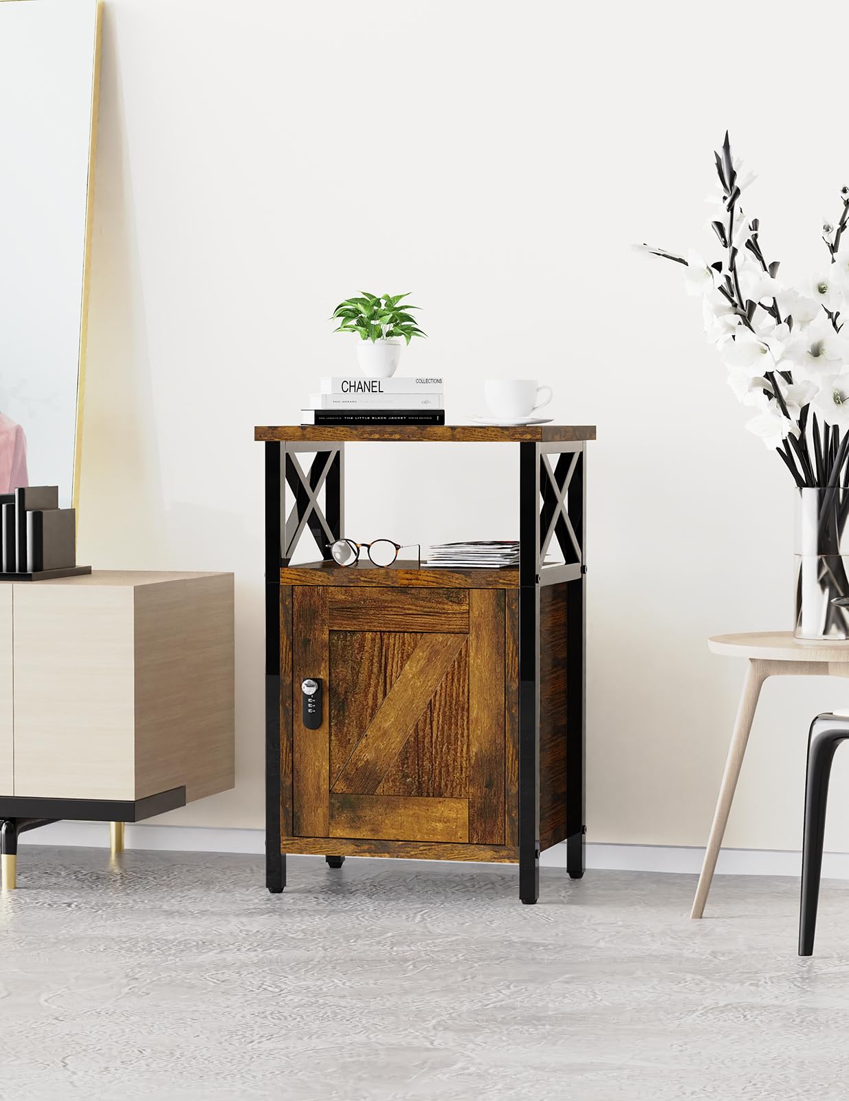 runjuly Night Stand with Locking Drawer, Bedside Table with Drawers, Wooden Bed Side Table with Storage, Nightstand with Shelves, End Night Tables For Bedroom, Living Room, Dorm, Office (Rustic Brown)