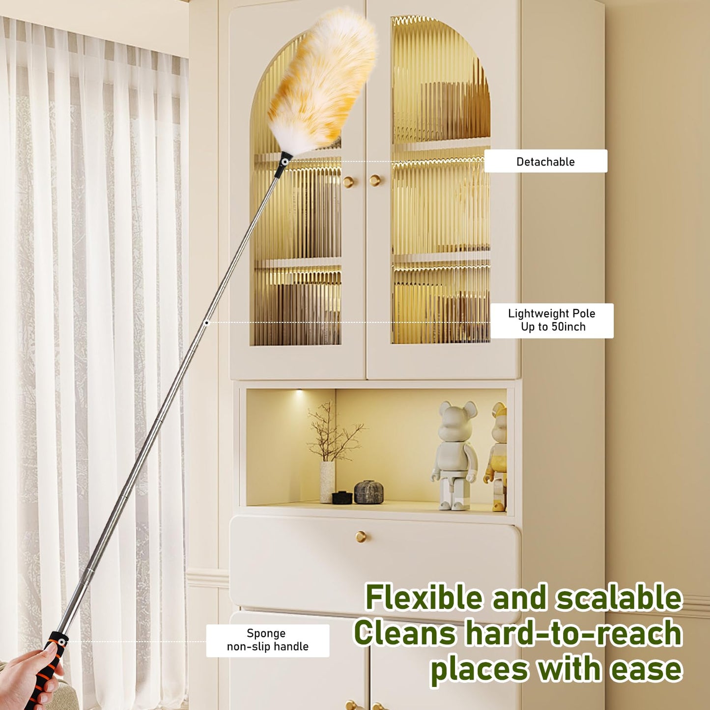 Mehellofeather Retractable Lambswool Duster 25-64 Inch Removable Telescopic Handle Wool Duster for Cleaning Ceiling Fans Window High Places (2PCS)