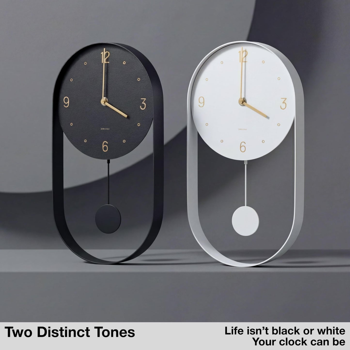 Driini Modern Pendulum Wall Clock - Decorative and Unique Metal Frame, with 8 Inch Face - Contemporary, Minimalist Design, with Silent Battery Operation - Includes Both Black and Gold Pendelum