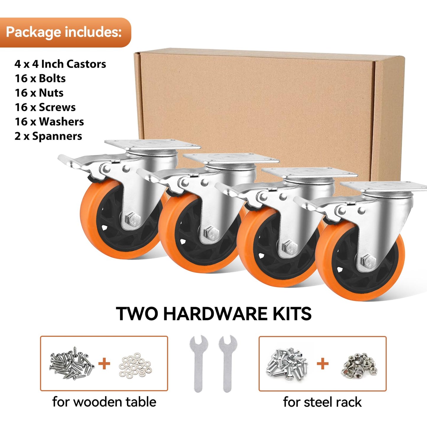 4 Inch Caster Wheels, Casters Set of 4 Heavy Duty Load 1800lb, Orange Polyurethane Swivel Casters with Brake, No Floor Marks Locking Castor Wheels for Cart Furniture Workbench (with Hardware Kits)