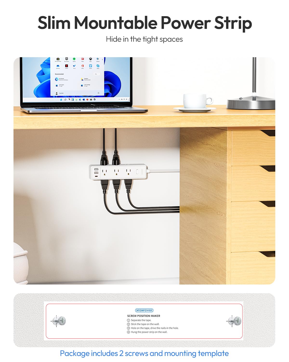 Flat Extension Cord 25 FT-NTONPOWER Surge Protector Power Bar with 9 Widely Outlets 3 USB (1 USB C), 1080J,Long Extension Cord with Multiple Outlets, 3 Side Extender, Mounted, for Home Office,White