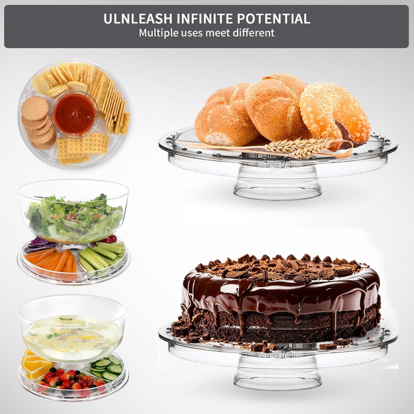 Cake Stand with Demo Cover, 6 in 1 Multi-Functional Serving Platter Display Stand for Christmas Wedding Party, Acrylic Cake Plate/Salad Bowl/Dessert Platter, BPA-Free, Send 1 Fork and 1 Spoon