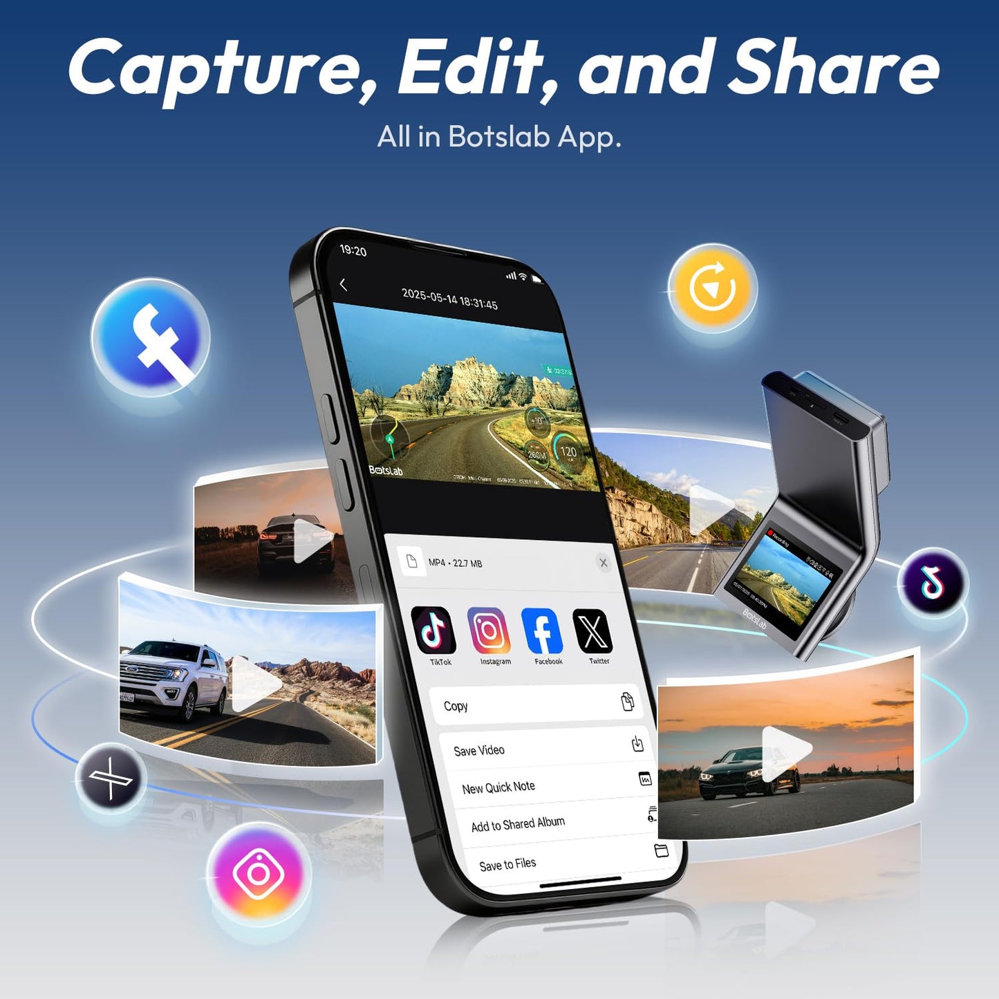 BOTSLAB 4K Dual Dash Cam Front and Rear, STARVIS 2 Sensor, Voice Command, 64GB Card Included, 5GHz WiFi Dash Camera for Cars, Built in GPS, WDR Night Vision, 24H Parking Mode