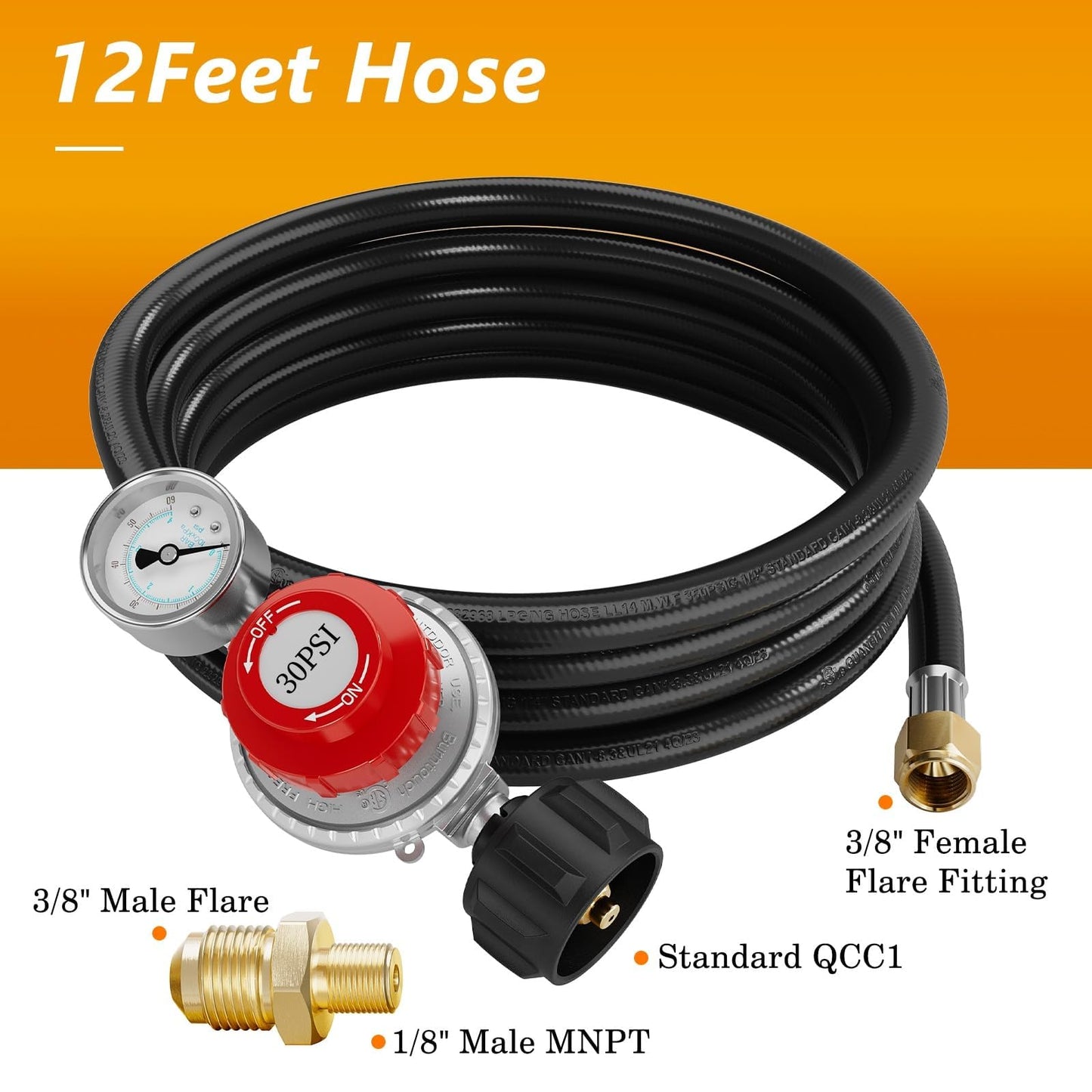 NUPICK 12FT 30 PSI Adjustable High Pressure Propane Regulator with 60PSI Gauge Gas Flow Indicator，Propane Regulator with Hose for LP Gas Cooker, Burner, Turkey Fryer, Smoker