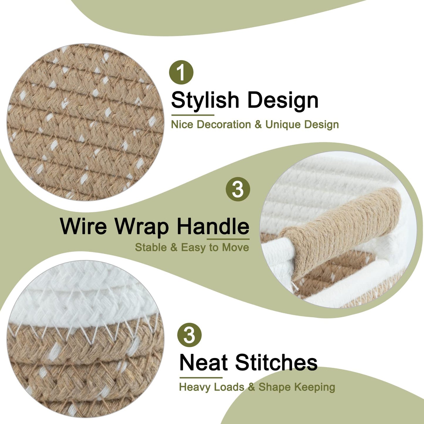 OIAHOMY 12.8x9x5.5in Woven Baskets for Storage, Storage Baskets for Shelves, Cotton Rope basket set of 3, Decorative Storage Baskets, Rectangle Basket With Handles,Brown and White
