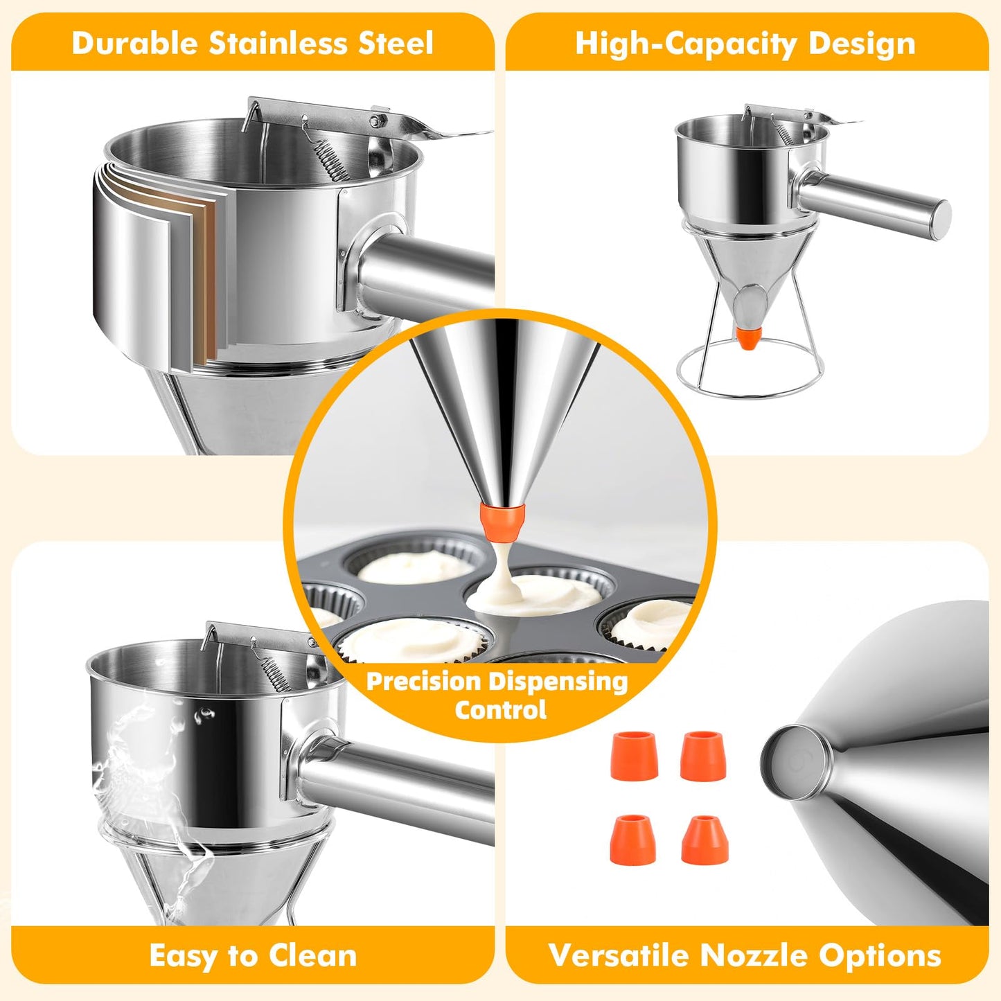 Babcarriery 40 oz Stainless Steel Pancake Batter Dispenser with Squeeze Handle & Nozzle - Leak-Proof, Precise Control, Dishwasher Safe for Pancakes, Waffles, Muffins & More