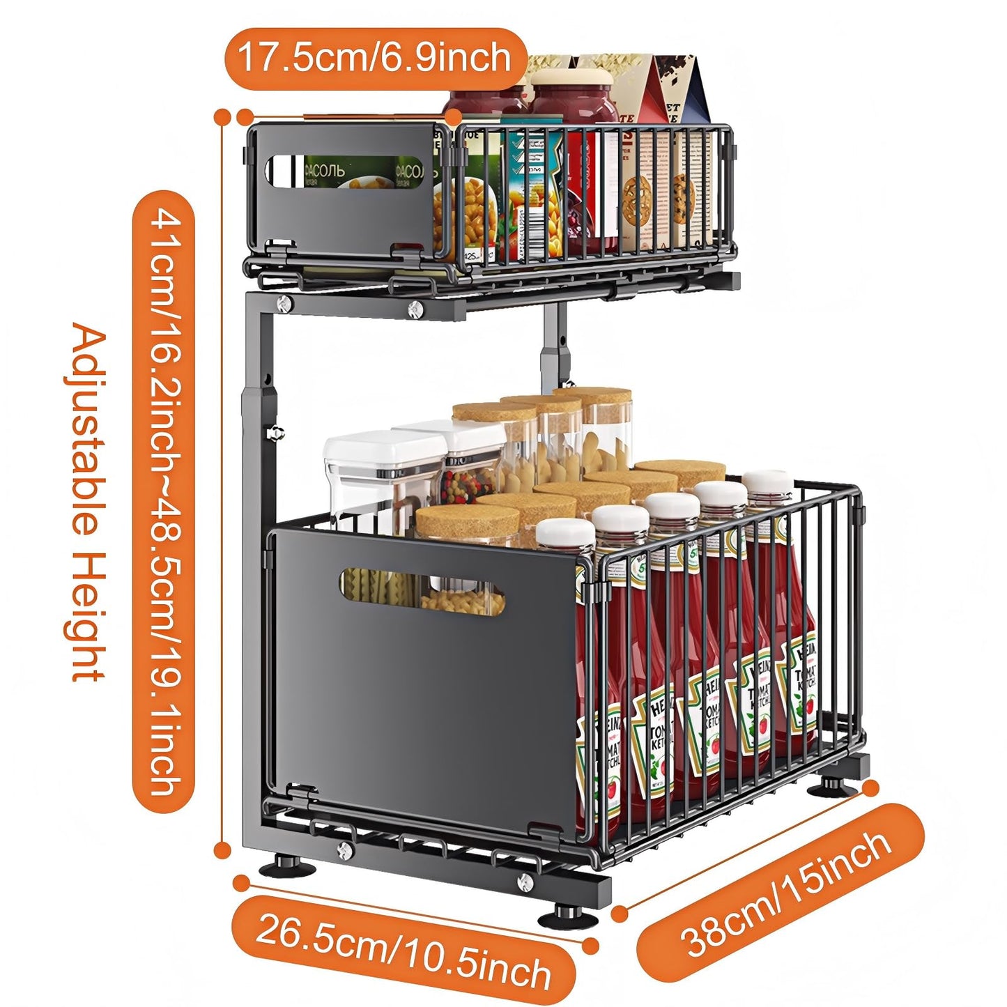 HABITELLO Under Sink Organizer, 2-Tier Multi-Use Kitchen and Bathroom Organizers and Storage, Slide Out Thickened Metal Under The Sink Organizer for Kitchen Bathroom Pantry (Sytle B White, 2 Pack)
