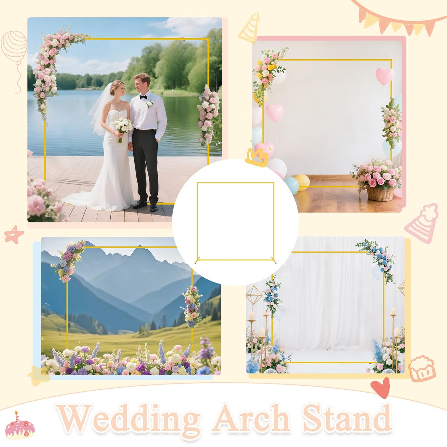 FANPROMS 6.6FT x 6.6FT Gold Squared Arches for Wedding Square Arch Stands Metal Balloon Boho Square Metal Stand Wedding Arch Frame for Birthday Party Bridal Baby Shower Anniversary Decoration