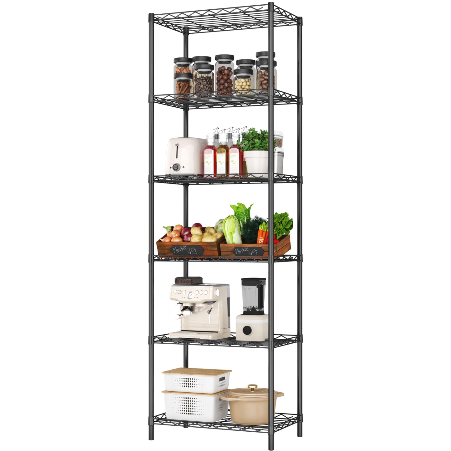 HOMEFORT 6-Tier Wire Shelving, 6 Shelves Unit Metal Storage Rack, Durable Organizer, Perfect for Pantry Closet Kitchen Laundry Organization (Black)