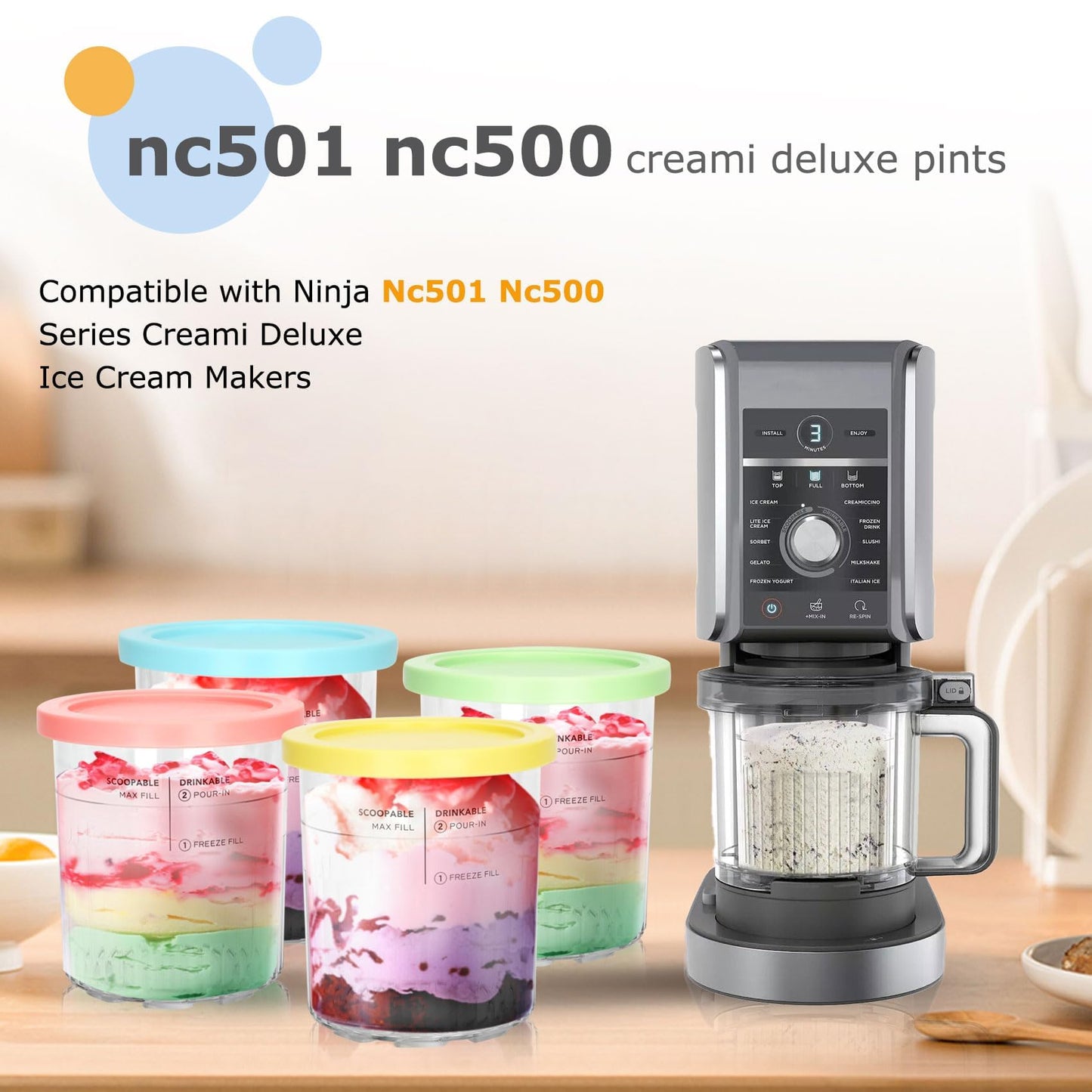 Containers Replacement for Ninja Creami Pints and Lids & Scoop - 4 Pack | Compatible with NC500/NC501AMZ Series | BPA-Free, Dishwasher-Safe, Leak-Proof Pints for Homemade Ice Cream