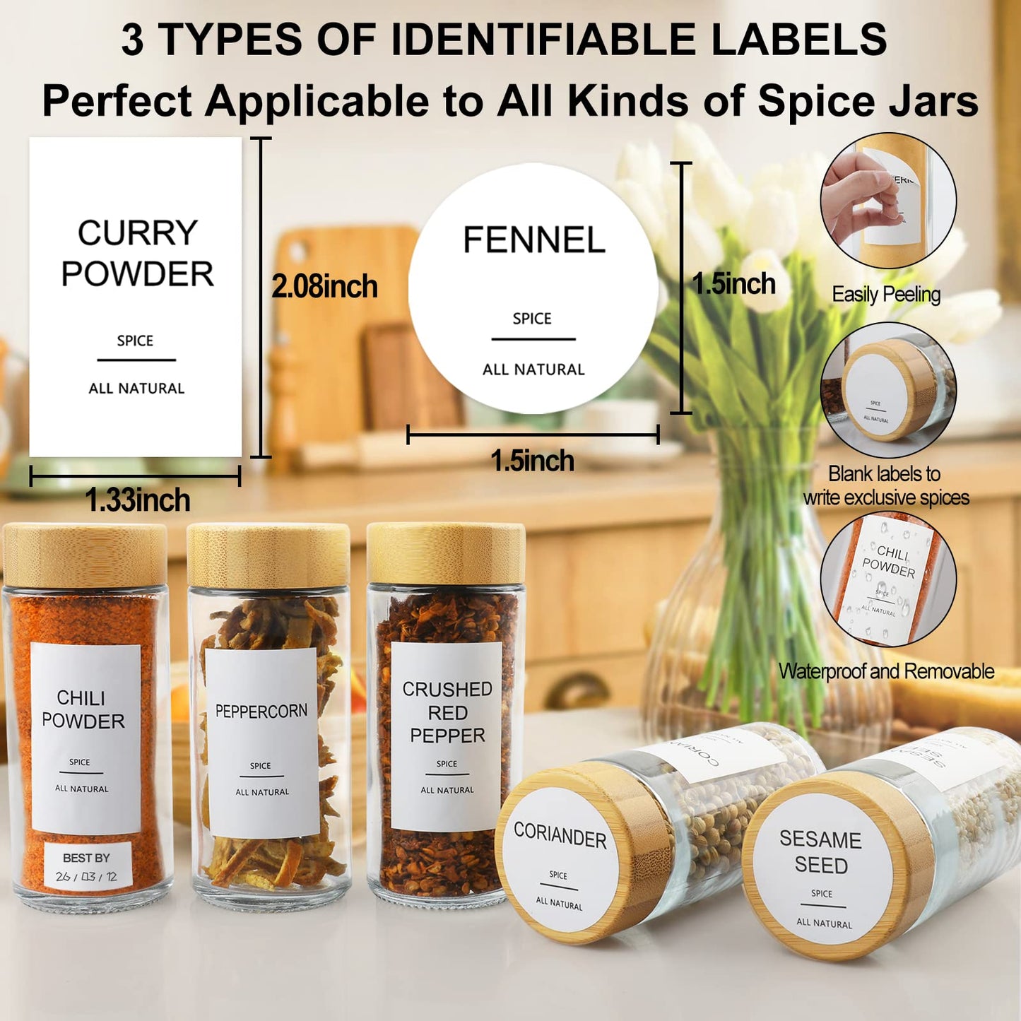 AISIPRIN 24 Pcs Glass Spice Jars with Bamboo Airtight Lids and 398 Labels, 4oz Empty Round Containers Seasoning Storage Bottles - Shaker Lids, Funnel, Brush and Marker Included
