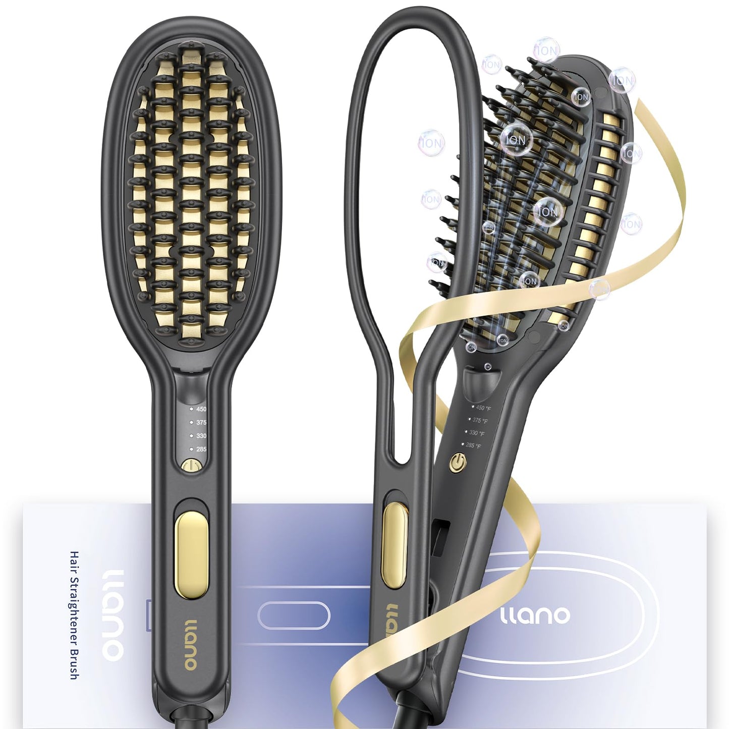 llano Hair Straightener Brush, 2025 Upgraded Ionic Hair Straightener and Curler 2 in 1 with Holder Clamp, Anti-Frizz, Anti-Scald Ceramic Straightening Brush for All Hair Types (Grey)