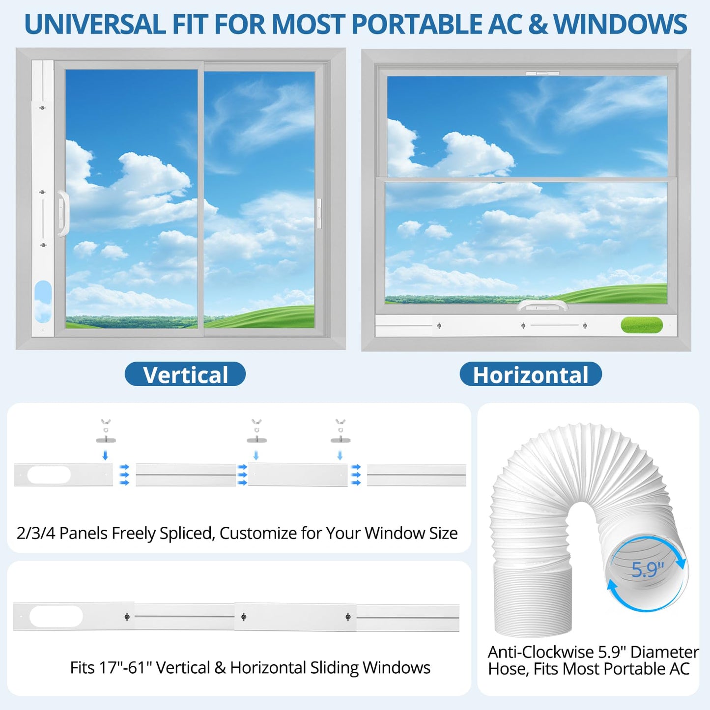 CRZFRI Portable AC Window Vent Kit, Universal Portable Air Conditioner Window Kit with 5.9x78.7 inch Anti-Clockwise Exhaust Hose, 3.9" W Adjustable Window Seal for Sliding Windows