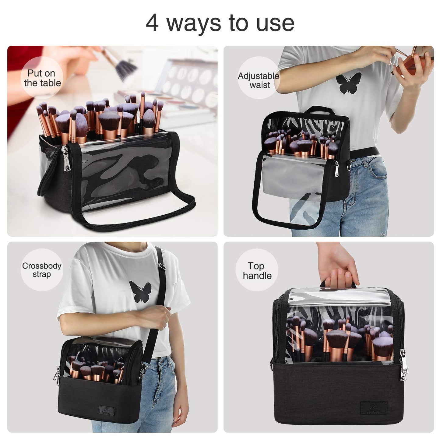 Relavel Travel Cosmetic Bag, Stand-up Makeup Brush Bag with Adjustable Divider, Professional Makeup Artist Storage Case, Large Capacity Train Case Organizer for Women and Girls, Black