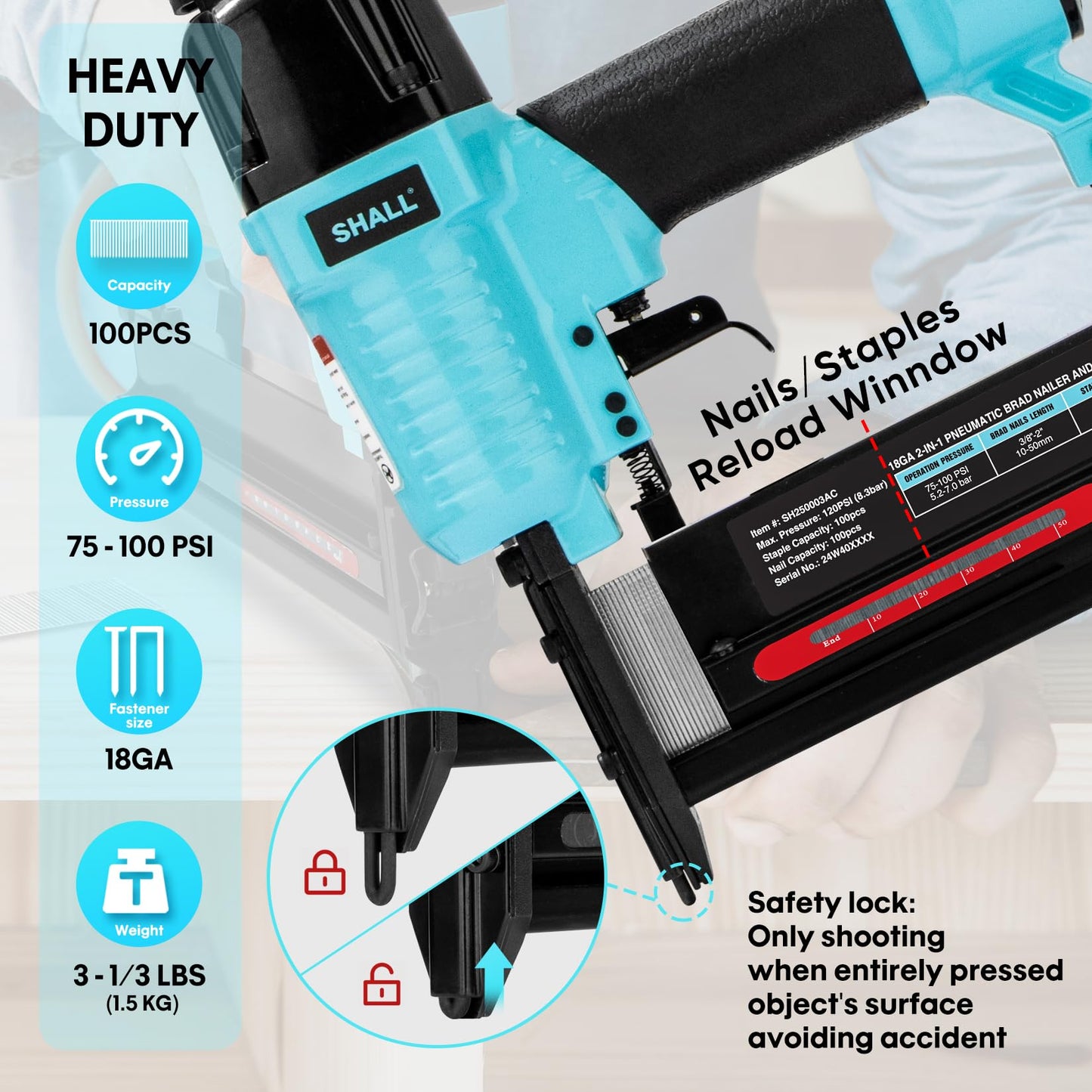 SHALL 18 Gauge Pneumatic Brad Nailer, 2 in 1, 18 GA Air Nail Gun and Crown Stapler, 800 Counts Brad Nails (1", 2") and Narrow Crown Staples (1", 1-1/2") Included, for DIY Project, Upholstery