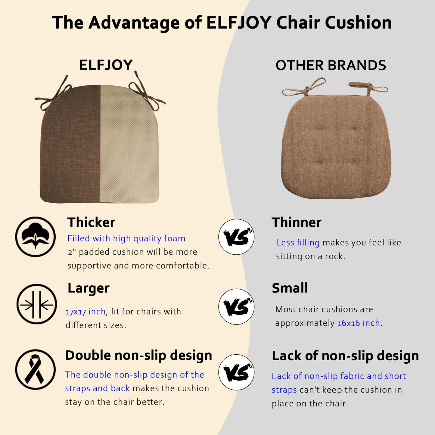 ELFJOY Set of 6 Chair Cushions for Dining Chairs Non Slip Seat Cushion with Ties and Machine Washable Cover Foam Kitchen Chair Pads Indoor 17x17x2 inches Coffee