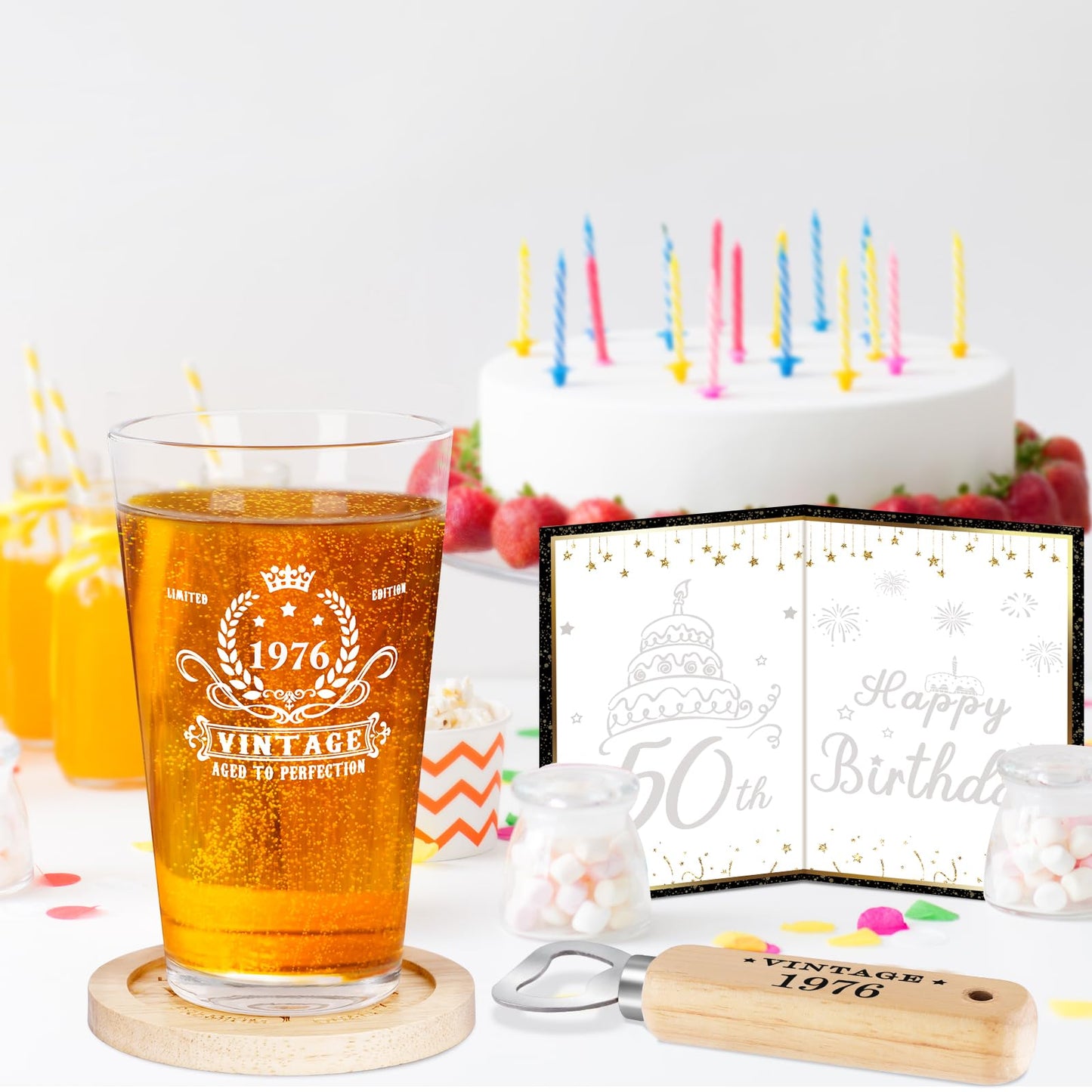 50th Birthday Gifts for Men, Vintage 1976 Beer Glass, Wooden Bottle Opener, Vintage Beer Box, Wooden Coaster, 1976 Greeting Card and Poster Anniversary Card 50th Birthday Gift Ideas for Him,Men