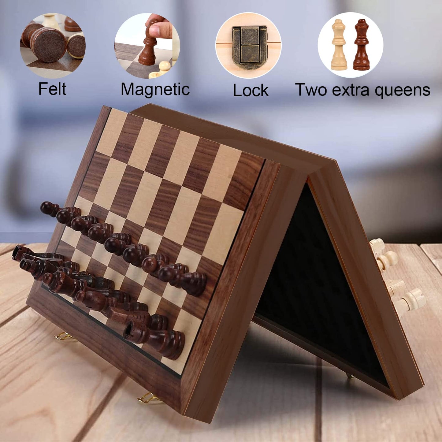 kawaiicrocodile Magnetic Wooden Chess Set, 15'' Folding Chess Board Set with 1 Storage Bags and 2 Extra Queens, Gifts for Man, Women, Beginner (Walnut)